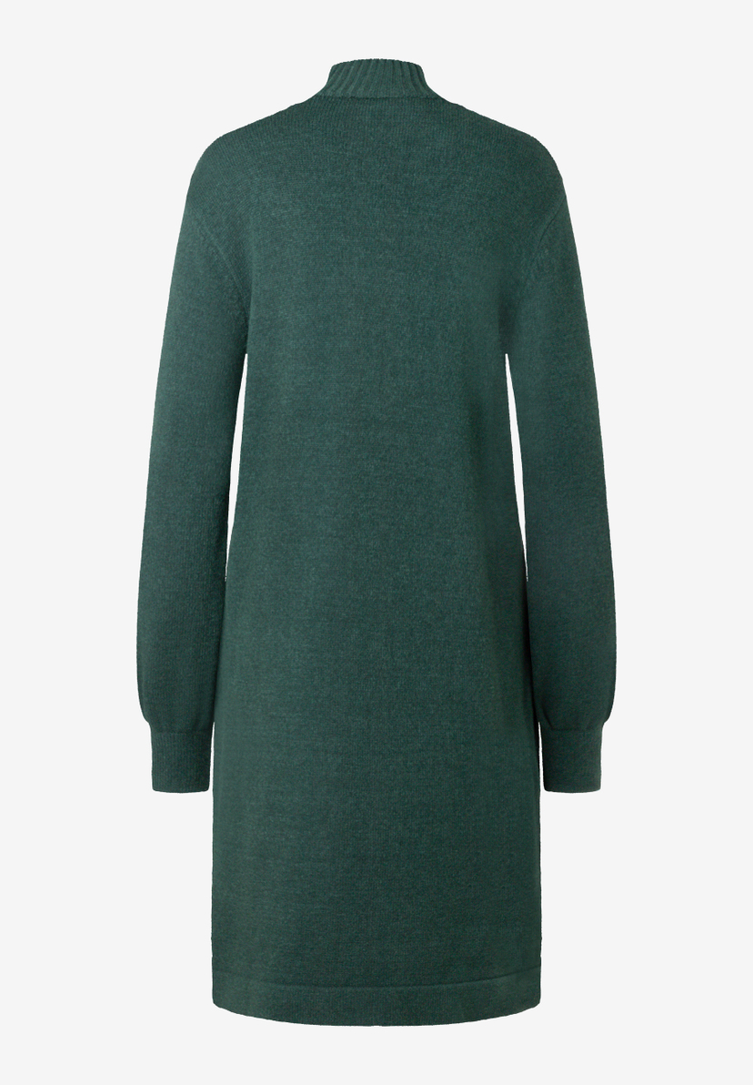 MORE & MORE Damen Strickkleid in dunklem Petrol, hochgeschlossener Kragen, langer Ärmel mit Bündchen, knielang, Rückansicht.
