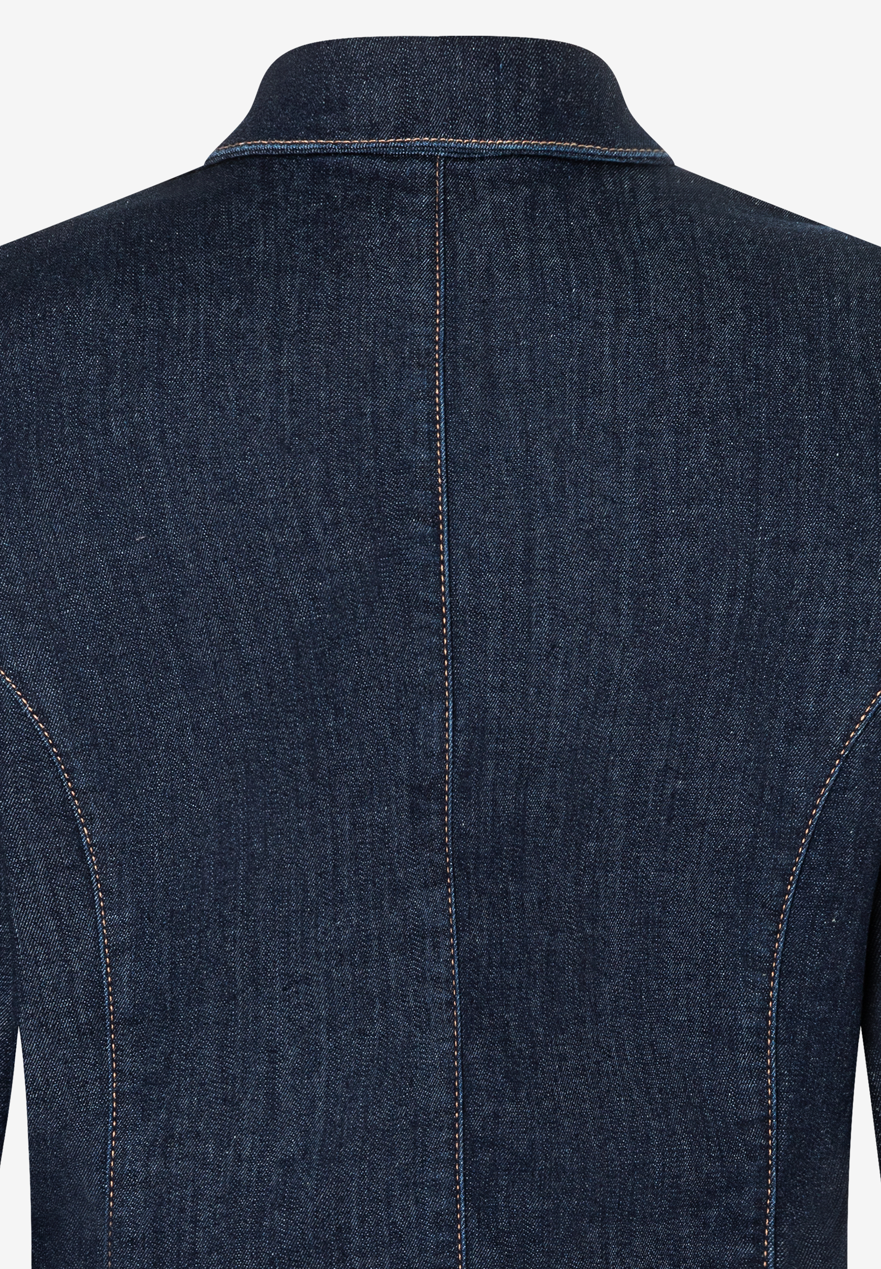 Rückansicht einer MORE & MORE Bluse mit Kragen aus dunklem Jeansstoff und Ziernähten. Rückansicht einer MORE & MORE Bluse mit Kragen aus dunklem Jeansstoff und Ziernähten.