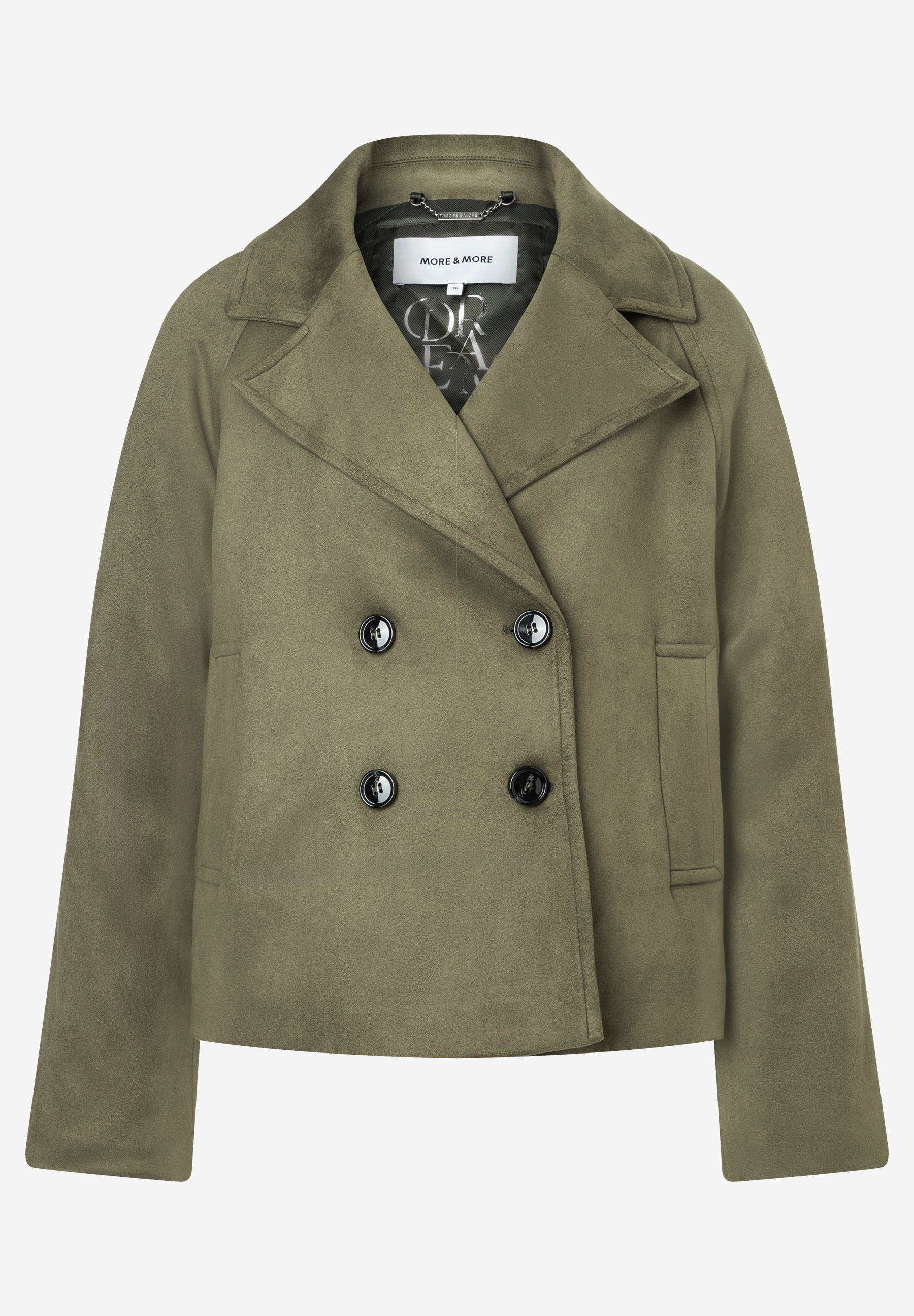 Eine olivgrüne MORE & MORE Jacke aus Kunstleder mit weichem Griff und doppelreihiger Knopfleiste. Eine olivgrüne MORE & MORE Jacke aus Kunstleder mit weichem Griff und doppelreihiger Knopfleiste.