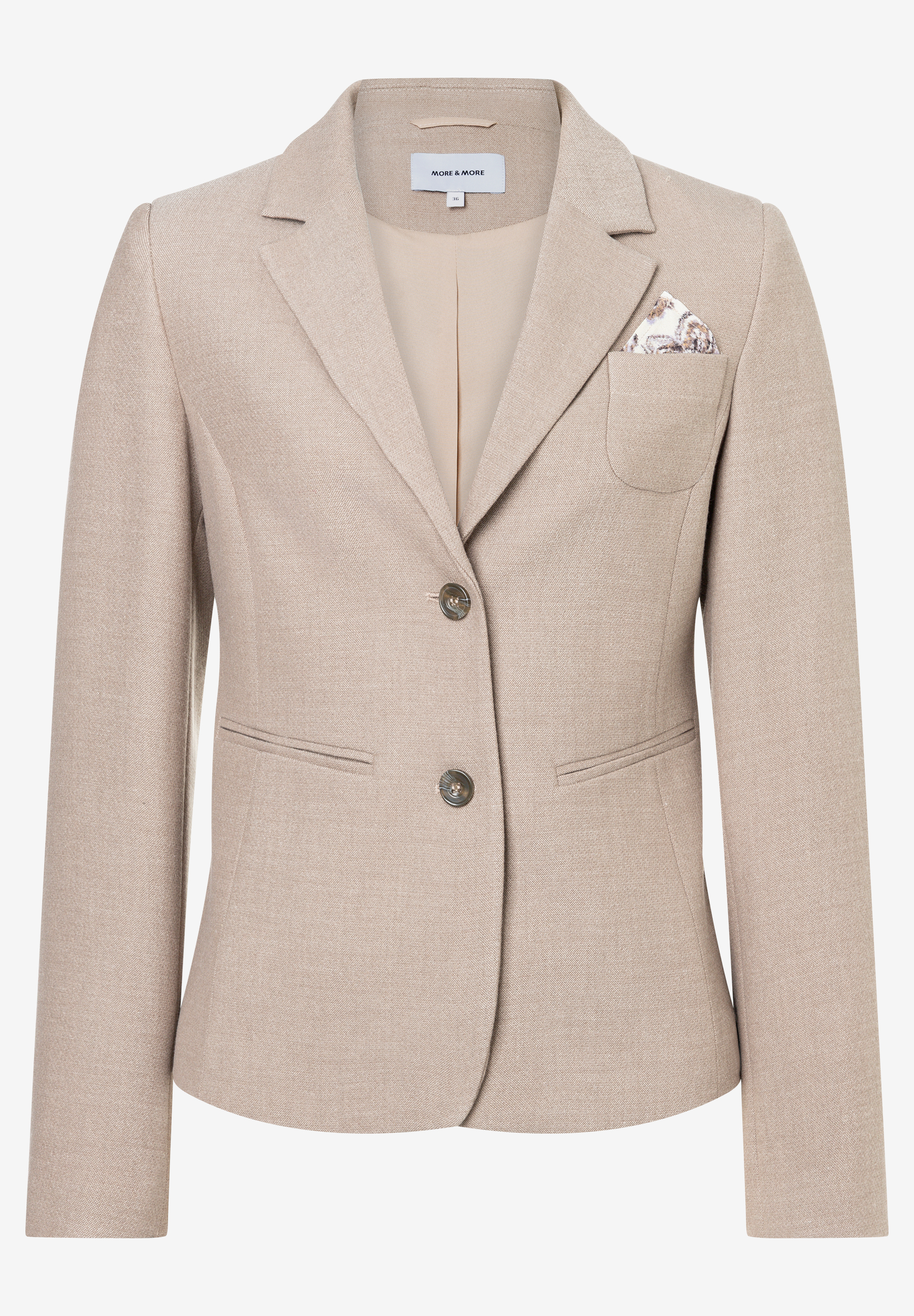 MORE & MORE Damen-Blazer in Beige mit 2 Knöpfen, Vordertaschen und Einstecktuch in Brusttasche. Dezente Textur.