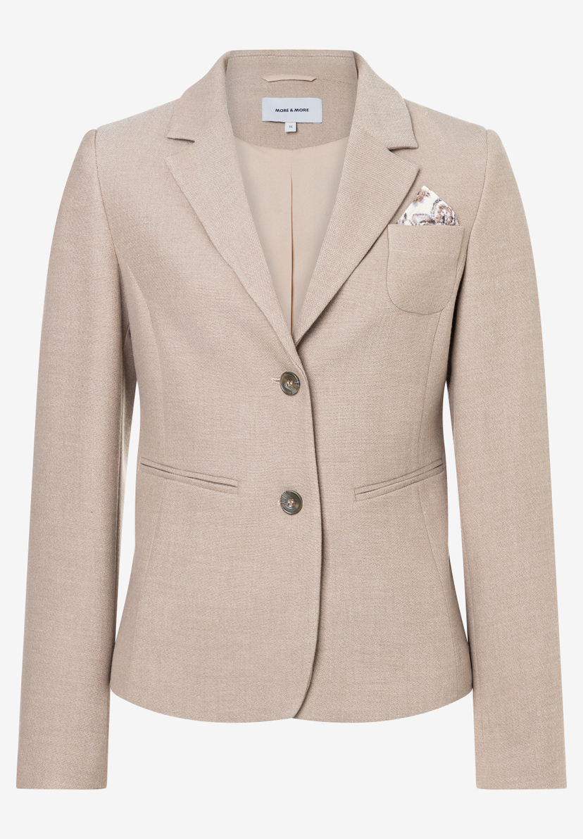 MORE & MORE Damen-Blazer in Beige mit 2 Knöpfen, Vordertaschen und Einstecktuch in Brusttasche. Dezente Textur. MORE & MORE Damen-Blazer in Beige mit 2 Knöpfen, Vordertaschen und Einstecktuch in Brusttasche. Dezente Textur.