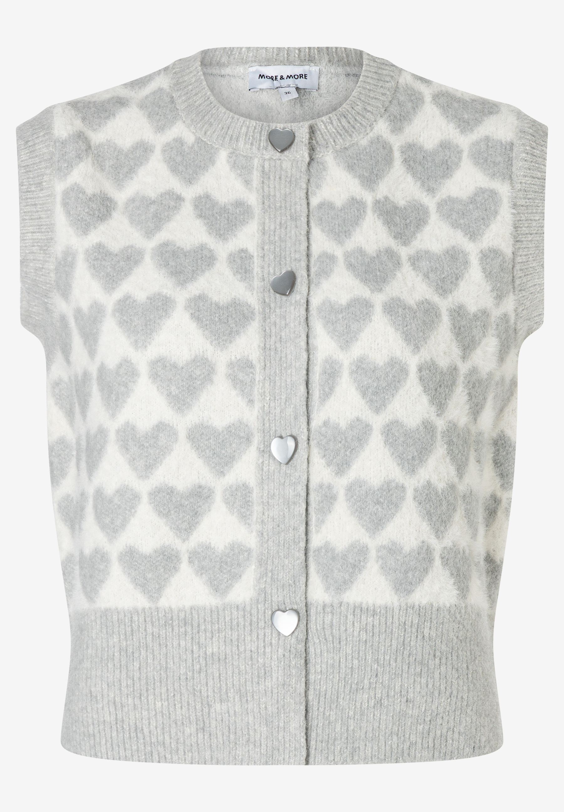 MORE & MORE Strickpullover in Grau und Weiß mit Herzmuster und herzförmigen Knöpfen.