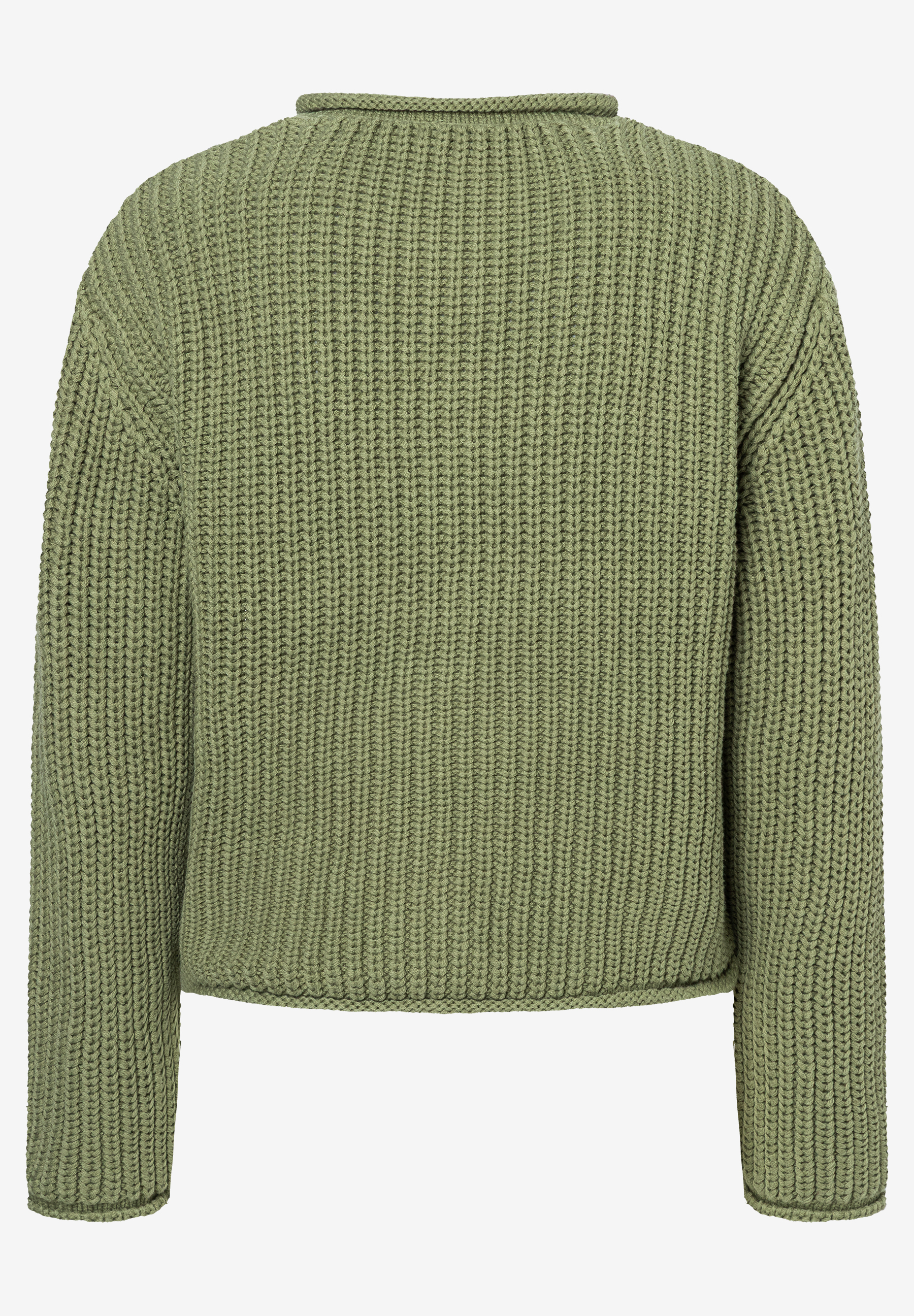 Ein olivgrüner Rippstrick-Pullover von MORE & MORE aus der Rückansicht. Ein olivgrüner Rippstrick-Pullover von MORE & MORE aus der Rückansicht.