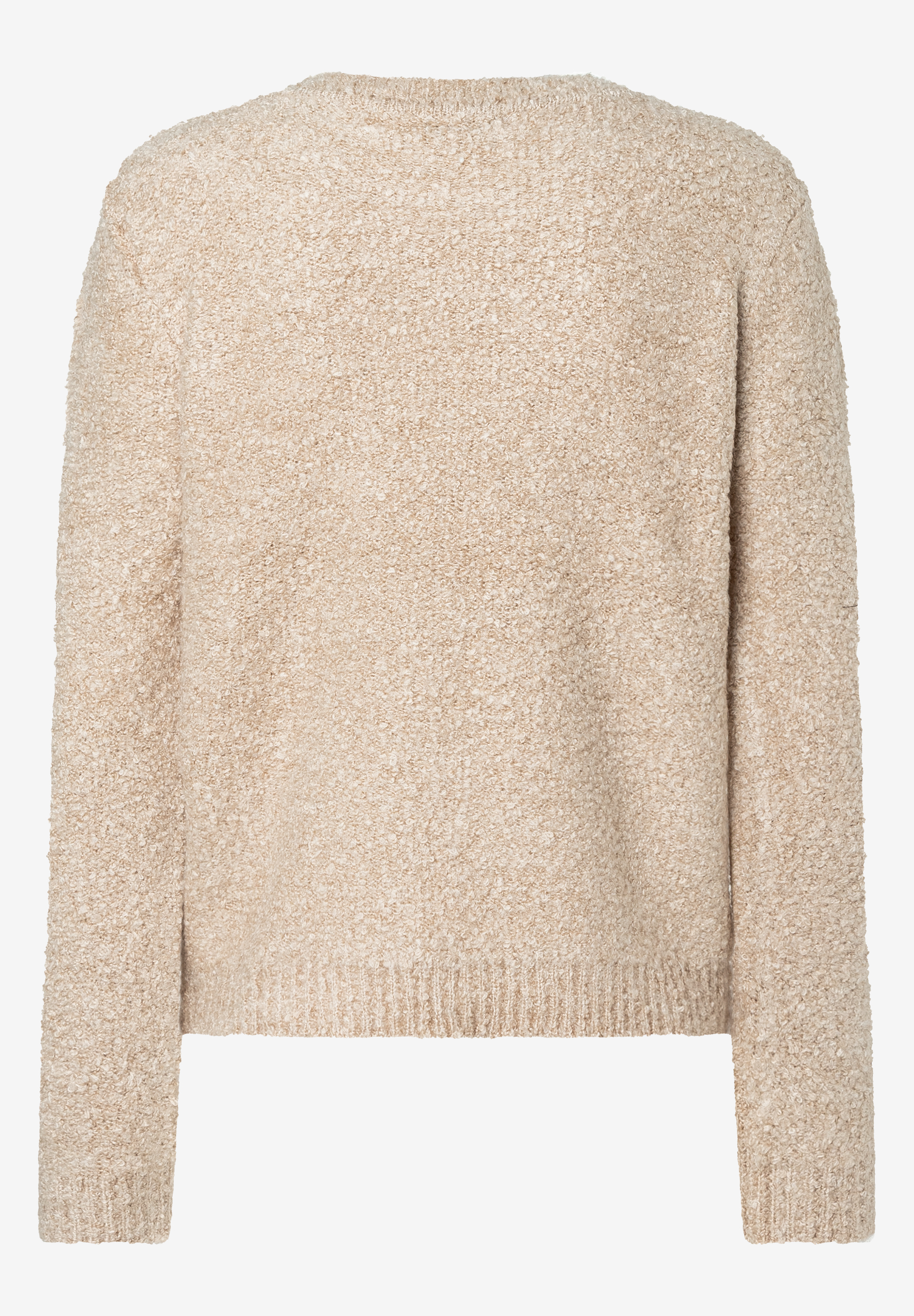 MORE & MORE Pullover: Beigefarbener Bouclé-Pullover mit langen Ärmeln und Rundhalsausschnitt auf weißem Hintergrund.