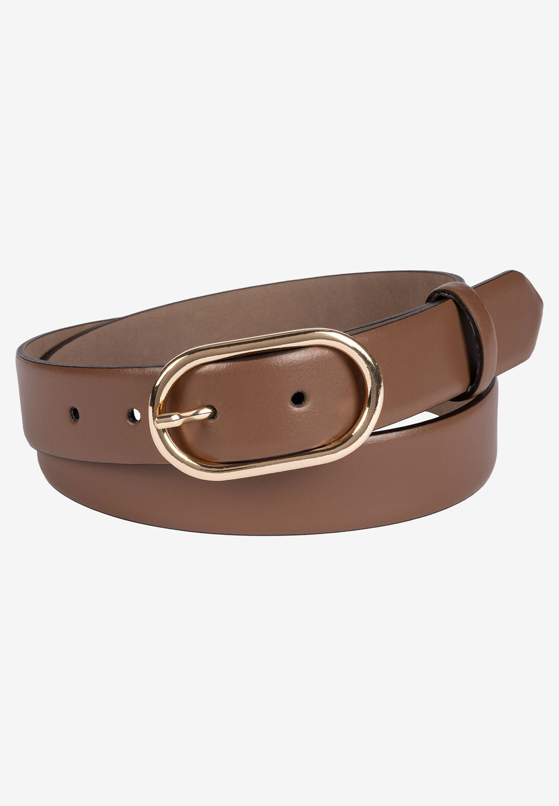 Ein brauner MORE & MORE Gürtel mit goldener, ovaler Schnalle liegt auf einem weißen Untergrund.
