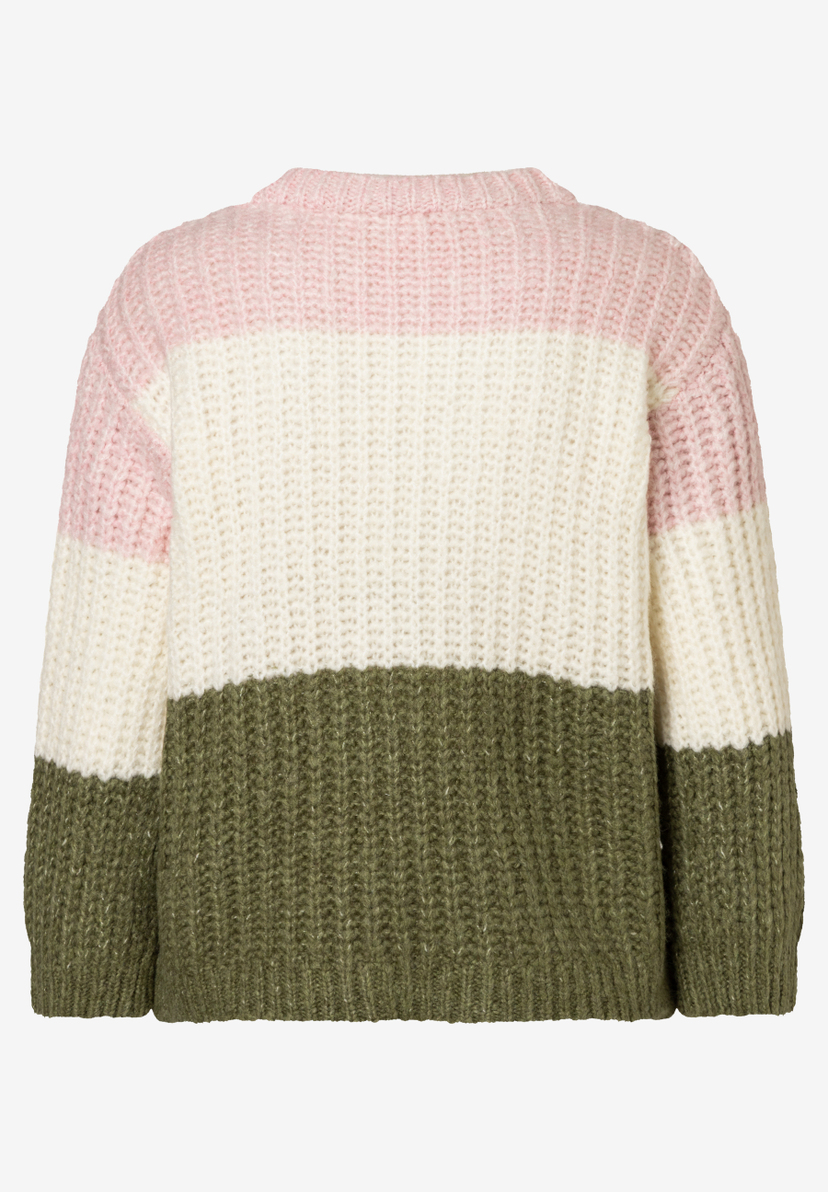 MORE & MORE Strickpullover mit Blockfarben: Rosa, Weiß und Olivgrün, Rippstrick für angenehmen Tragekomfort. MORE & MORE Strickpullover mit Blockfarben: Rosa, Weiß und Olivgrün, Rippstrick für angenehmen Tragekomfort.