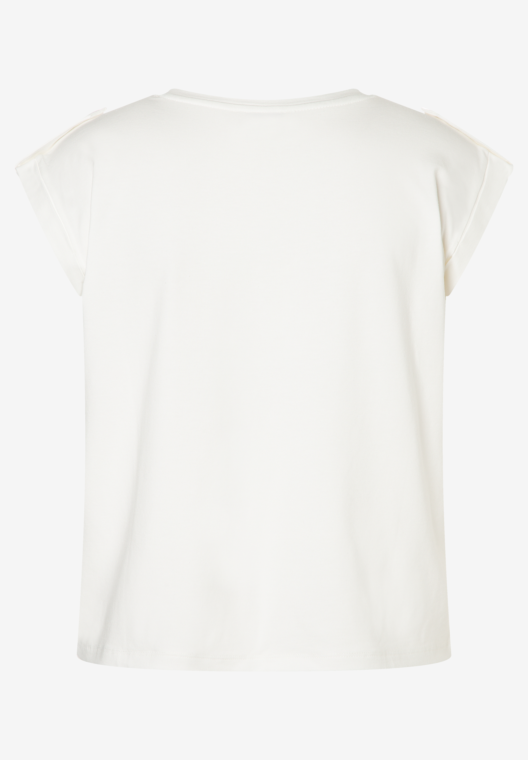 MORE & MORE Damen T-Shirt in reinem Weiß, Rückansicht, mit kurzen, umgeschlagenen Ärmeln und Rundhalsausschnitt. MORE & MORE Damen T-Shirt in reinem Weiß, Rückansicht, mit kurzen, umgeschlagenen Ärmeln und Rundhalsausschnitt.