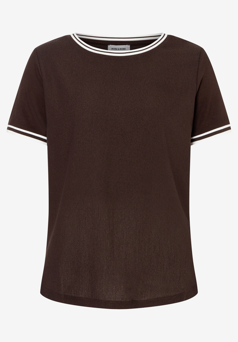 MORE & MORE Damen T-Shirt in Dunkelbraun mit weiß gestreiften Rippbündchen an Rundhals und Ärmeln. MORE & MORE Damen T-Shirt in Dunkelbraun mit weiß gestreiften Rippbündchen an Rundhals und Ärmeln.