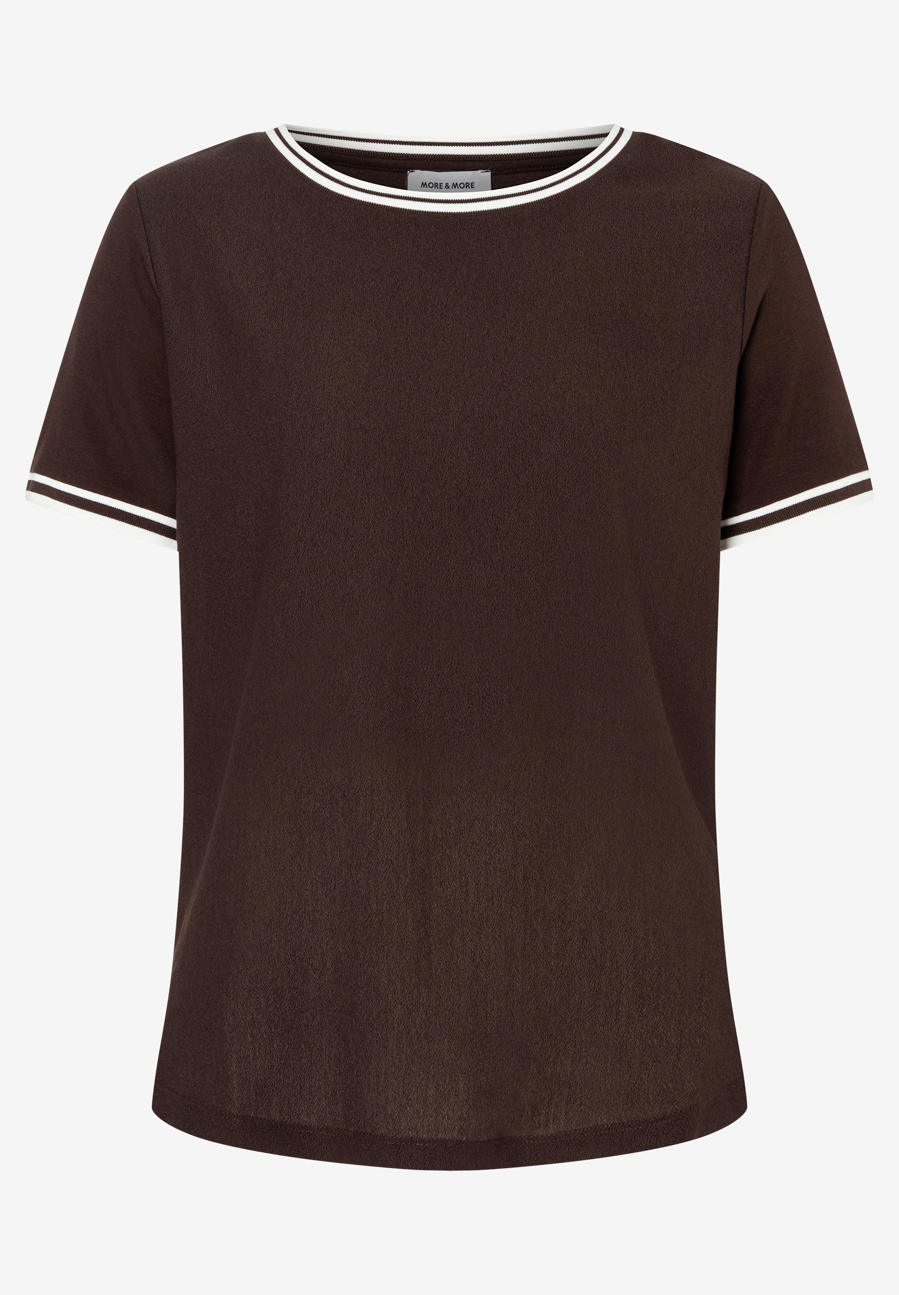 MORE & MORE Damen T-Shirt in Dunkelbraun mit weiß gestreiften Rippbündchen an Rundhals und Ärmeln. MORE & MORE Damen T-Shirt in Dunkelbraun mit weiß gestreiften Rippbündchen an Rundhals und Ärmeln.