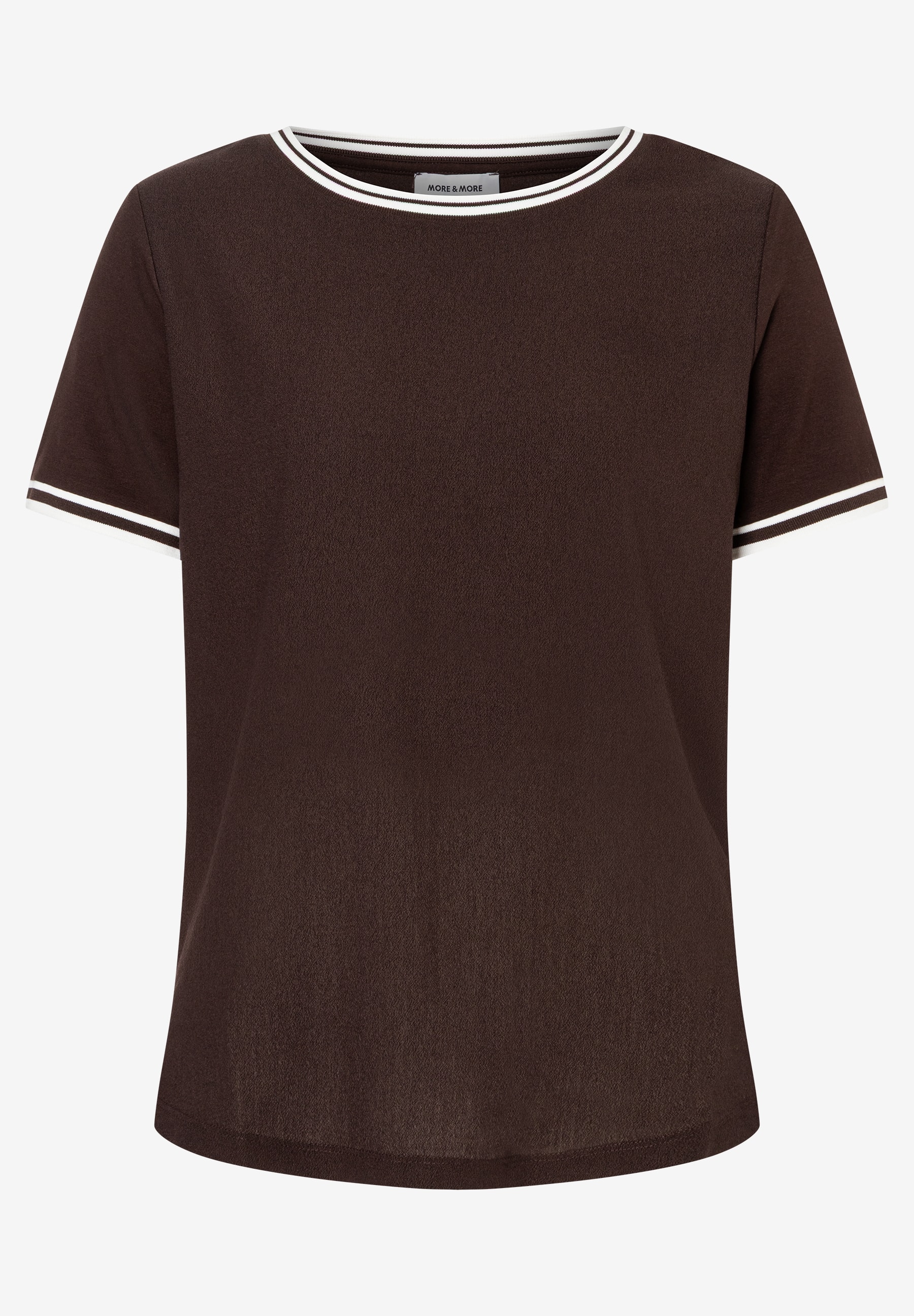 MORE & MORE Damen T-Shirt in Dunkelbraun mit weiß gestreiften Rippbündchen an Rundhals und Ärmeln. MORE & MORE Damen T-Shirt in Dunkelbraun mit weiß gestreiften Rippbündchen an Rundhals und Ärmeln.