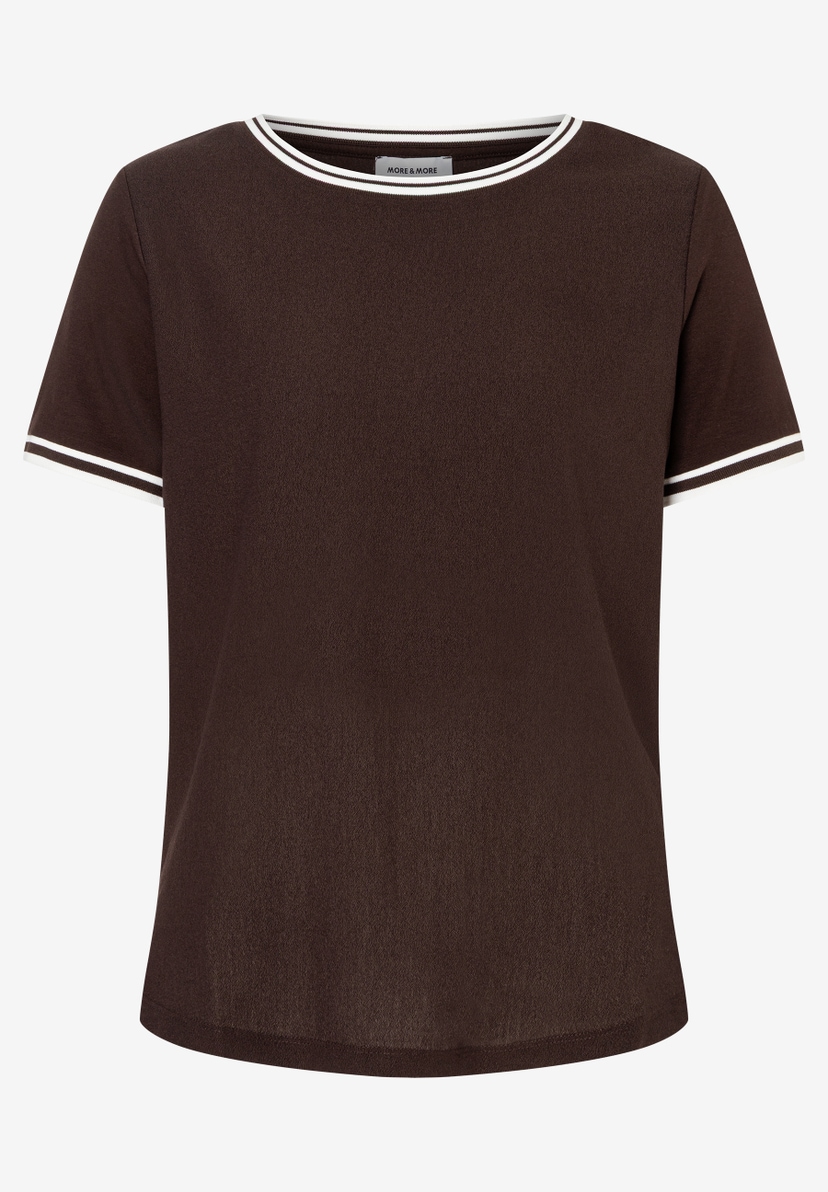 MORE & MORE Damen T-Shirt in Dunkelbraun mit weiß gestreiften Rippbündchen an Rundhals und Ärmeln. MORE & MORE Damen T-Shirt in Dunkelbraun mit weiß gestreiften Rippbündchen an Rundhals und Ärmeln.