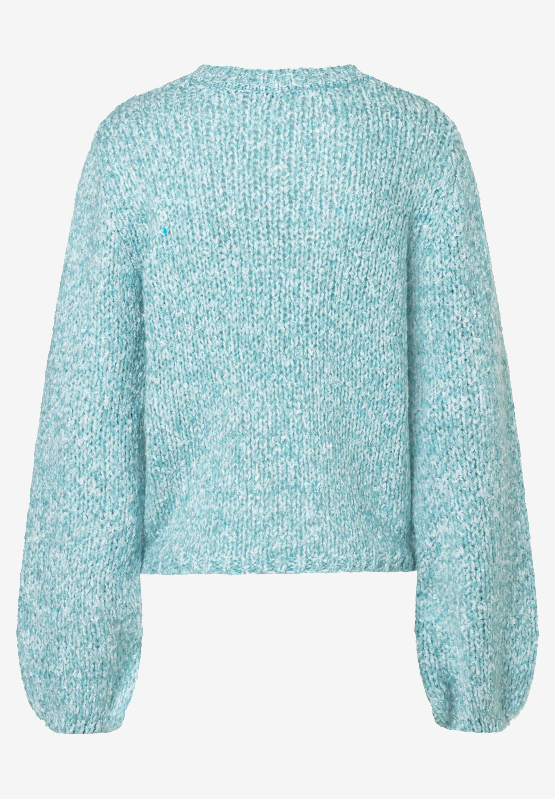 Ein hellblau-weiß melierter MORE & MORE Strickpullover mit langen Ärmeln und Bouclé-Optik. Ein hellblau-weiß melierter MORE & MORE Strickpullover mit langen Ärmeln und Bouclé-Optik.
