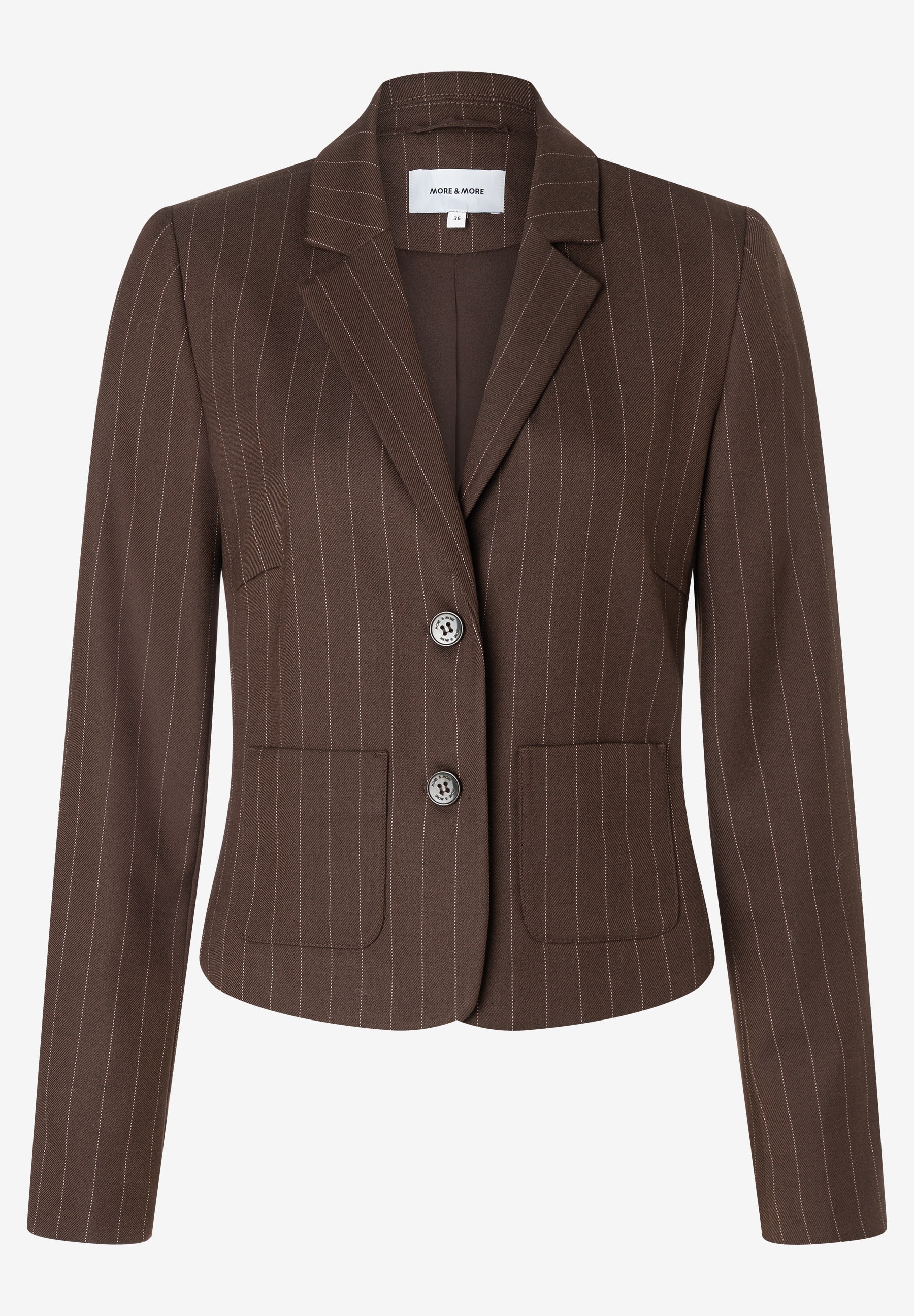 MORE & MORE Blazer in Dunkelbraun mit feinen Nadelstreifen. Klassischer Schnitt, zwei Knöpfe und Pattentaschen.