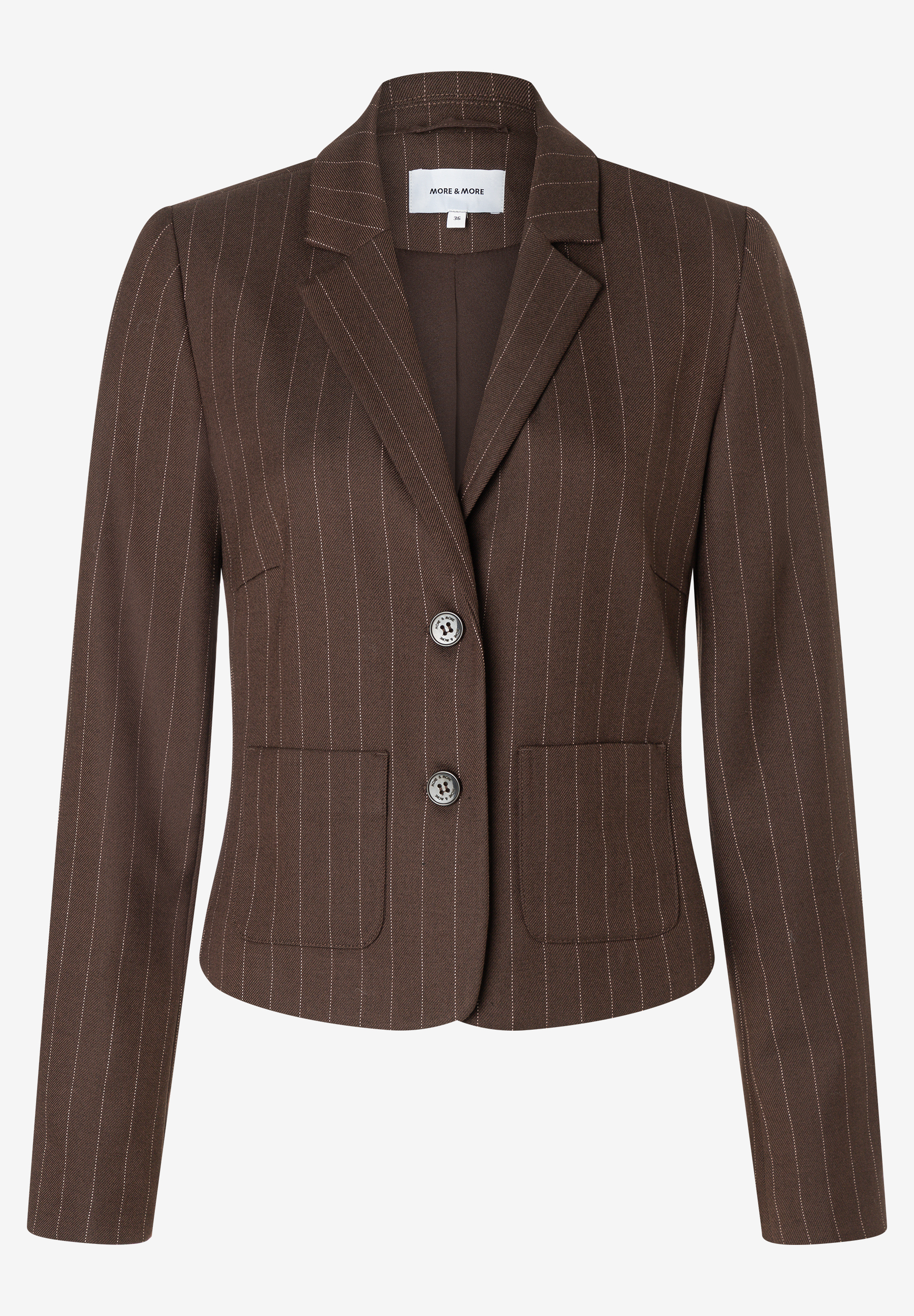 MORE & MORE Blazer in Dunkelbraun mit feinen Nadelstreifen. Klassischer Schnitt, zwei Knöpfe und Pattentaschen.