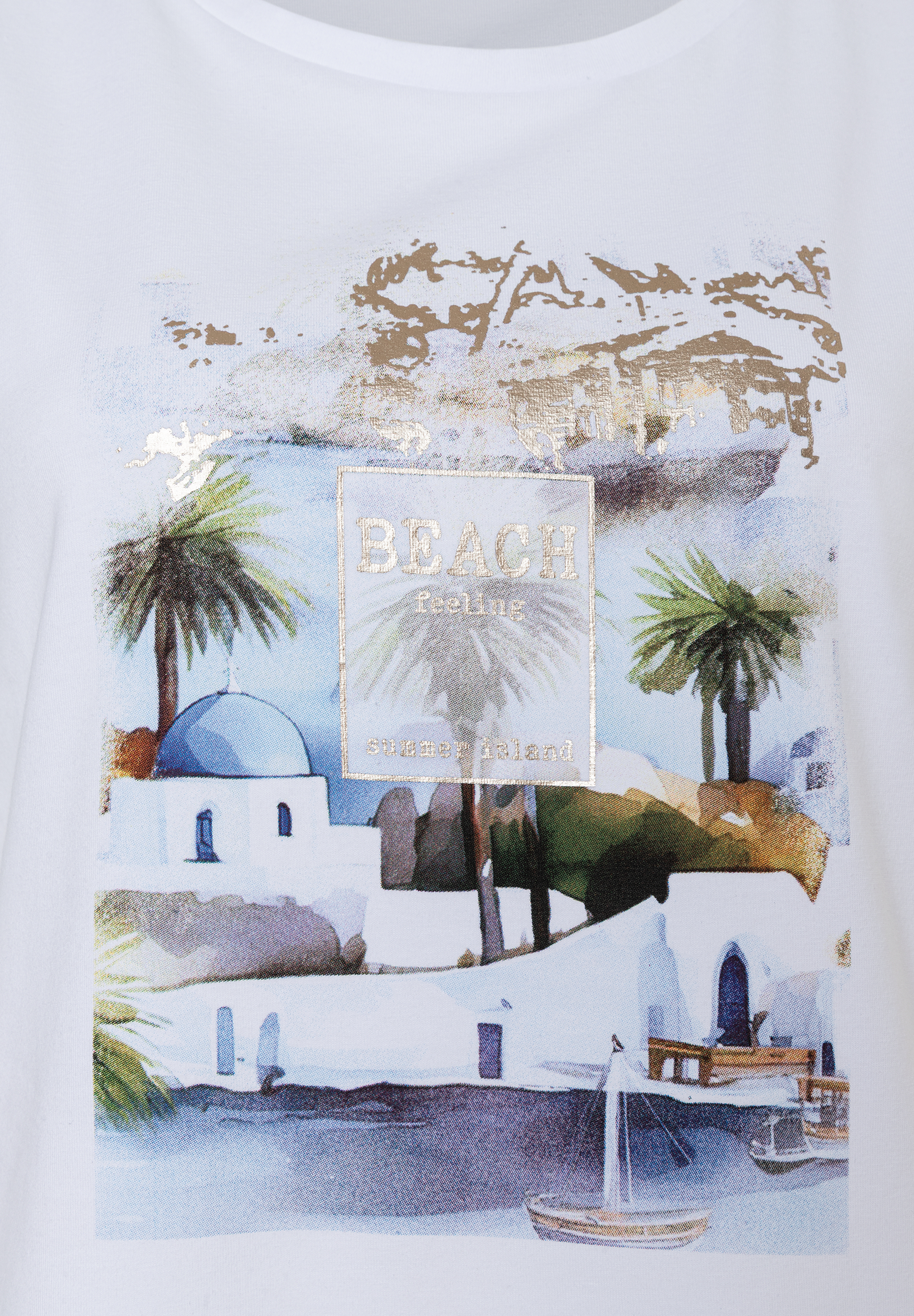 MORE & MORE Oberteil: Weißes Jersey-T-Shirt mit gold-blauem Griechenland-Druck, Palmen, "BEACH feeling" & "summer island" Schriftzug. MORE & MORE Oberteil: Weißes Jersey-T-Shirt mit gold-blauem Griechenland-Druck, Palmen, "BEACH feeling" & "summer island" Schriftzug.