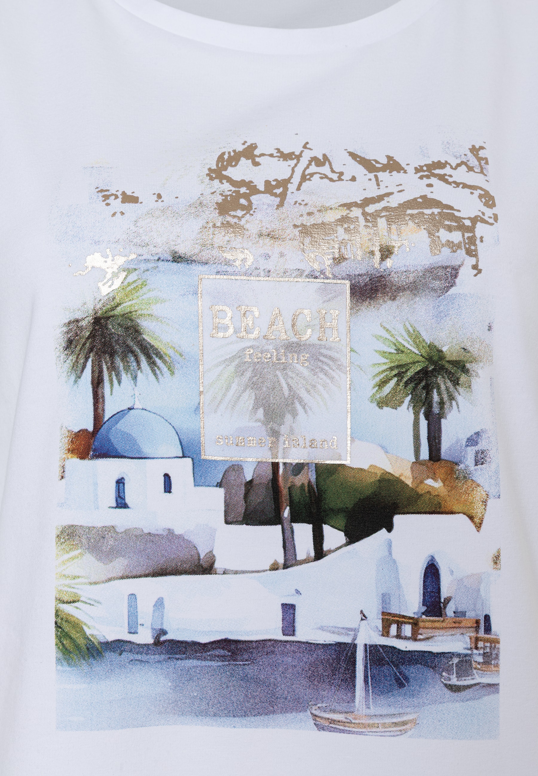MORE & MORE Oberteil: Weißes Jersey-T-Shirt mit gold-blauem Griechenland-Druck, Palmen, "BEACH feeling" & "summer island" Schriftzug. MORE & MORE Oberteil: Weißes Jersey-T-Shirt mit gold-blauem Griechenland-Druck, Palmen, "BEACH feeling" & "summer island" Schriftzug.