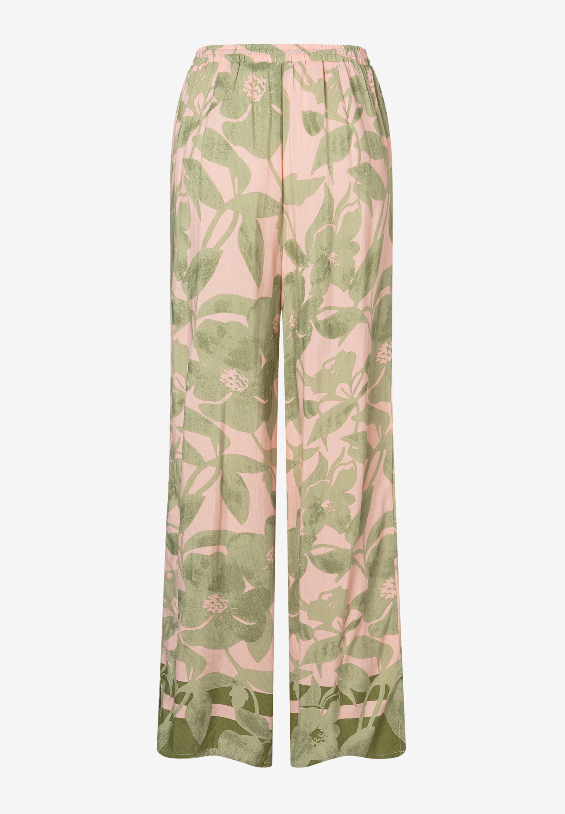 MORE & MORE Viskose-Jeans in Rosa mit fließendem, grüngemustertem Blumenmuster, elastischem Bund und weitem Bein. MORE & MORE Viskose-Jeans in Rosa mit fließendem, grüngemustertem Blumenmuster, elastischem Bund und weitem Bein.