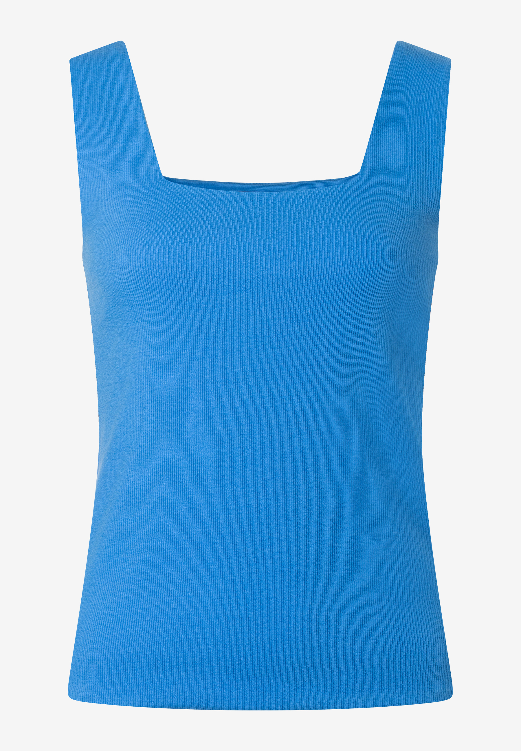 Ein blaues MORE & MORE Tanktop mit quadratischem Ausschnitt und breiten Trägern. Ein blaues MORE & MORE Tanktop mit quadratischem Ausschnitt und breiten Trägern.