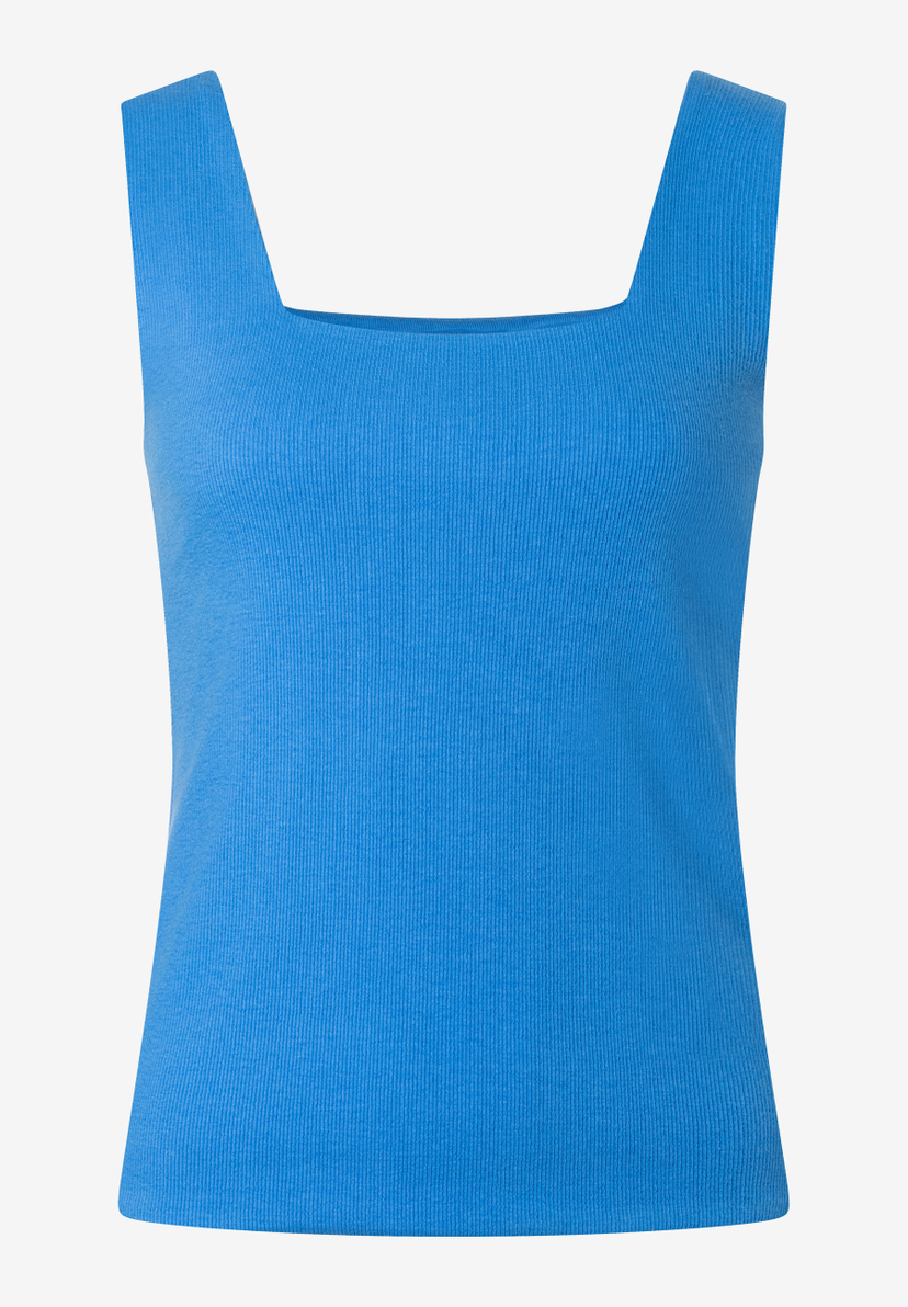Ein blaues MORE & MORE Tanktop mit quadratischem Ausschnitt und breiten Trägern. Ein blaues MORE & MORE Tanktop mit quadratischem Ausschnitt und breiten Trägern.