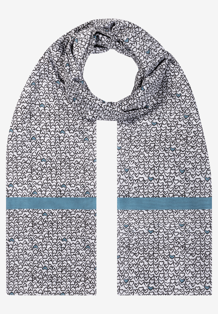 Ein weißer MORE & MORE Schal mit schwarzen Herzchen und blauem Streifen. Accessoire für Damen. Ein weißer MORE & MORE Schal mit schwarzen Herzchen und blauem Streifen. Accessoire für Damen.