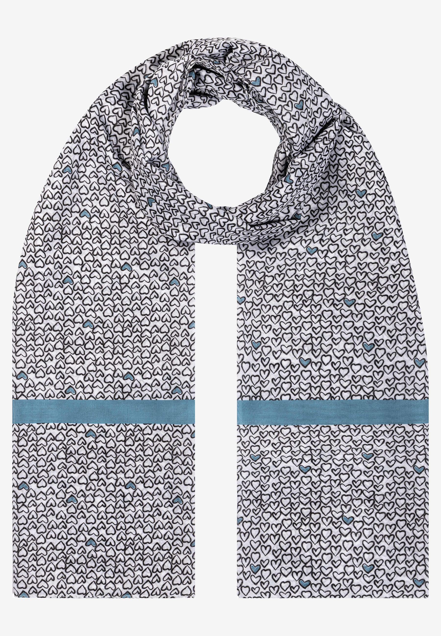Ein weißer MORE & MORE Schal mit schwarzen Herzchen und blauem Streifen. Accessoire für Damen.