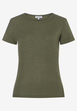 MORE & MORE Rippstrick-T-Shirt in Khaki mit kurzen Ärmeln und glitzerndem Muster
