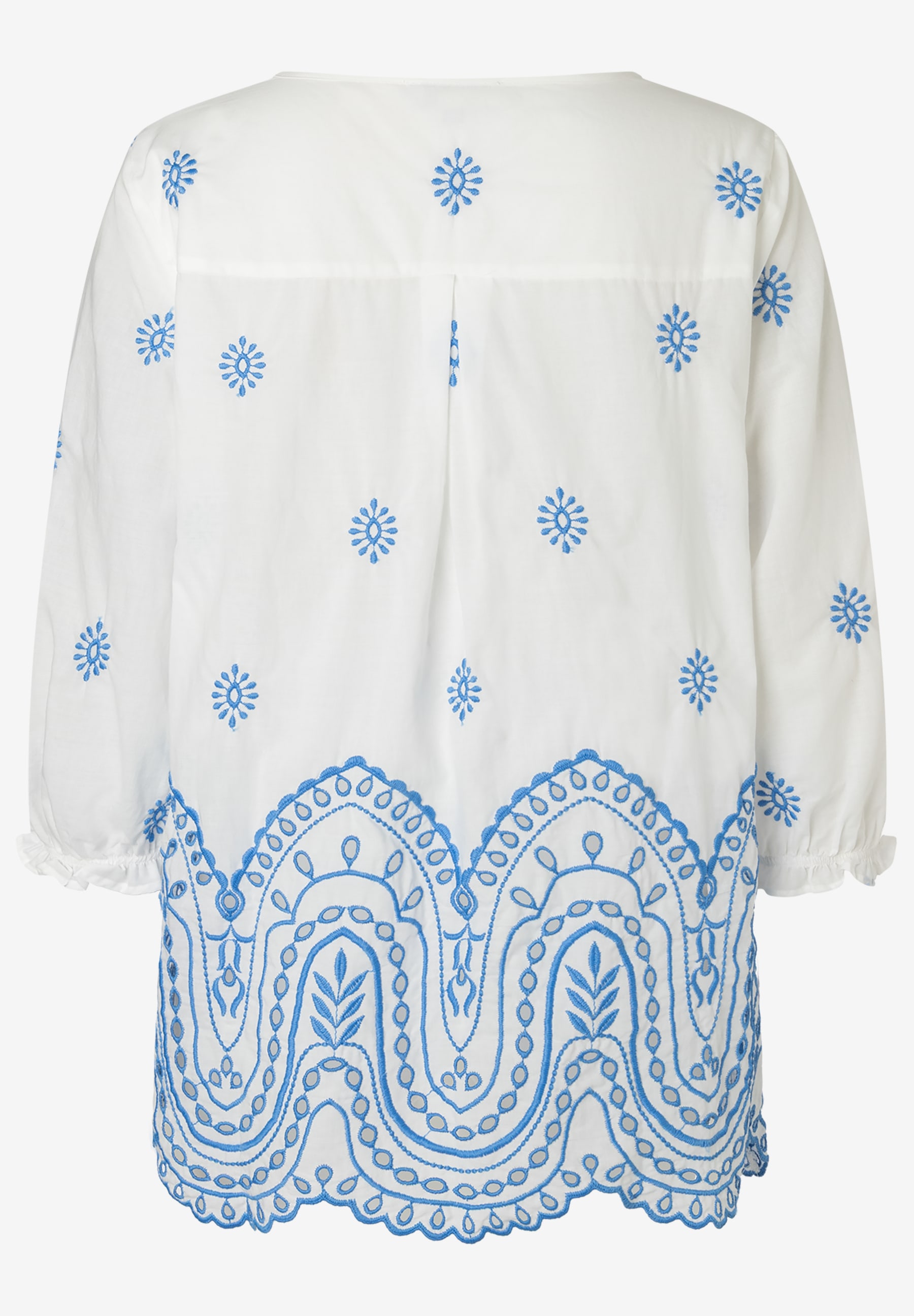 MORE & MORE Bluse aus leicht transparenter Spitze: Weiße, leicht transparente MORE & MORE Bluse mit blauer Stickerei MORE & MORE Bluse aus leicht transparenter Spitze: Weiße, leicht transparente MORE & MORE Bluse mit blauer Stickerei