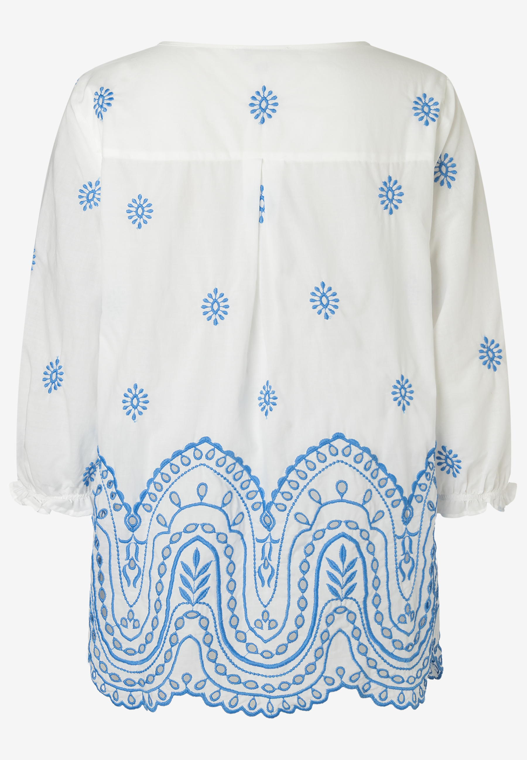 MORE & MORE Bluse aus leicht transparenter Spitze: Weiße, leicht transparente MORE & MORE Bluse mit blauer Stickerei MORE & MORE Bluse aus leicht transparenter Spitze: Weiße, leicht transparente MORE & MORE Bluse mit blauer Stickerei