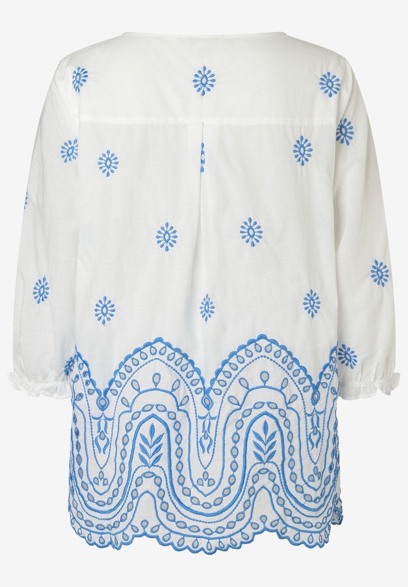 MORE & MORE Bluse aus leicht transparenter Spitze: Weiße, leicht transparente MORE & MORE Bluse mit blauer Stickerei MORE & MORE Bluse aus leicht transparenter Spitze: Weiße, leicht transparente MORE & MORE Bluse mit blauer Stickerei