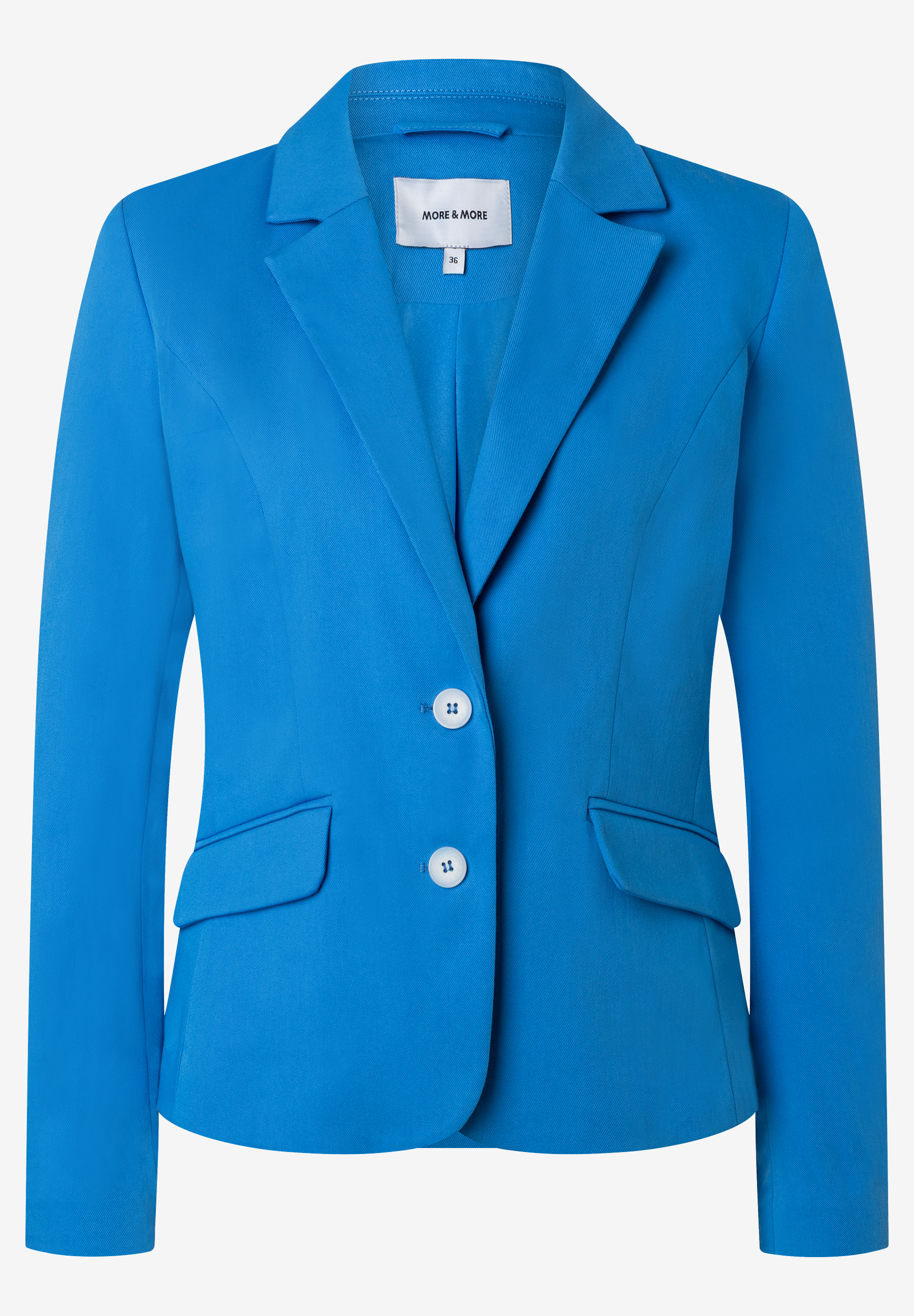 MORE & MORE Damen Blazer in hellem Blau mit zwei weißen Knöpfen und Taschen, aus Webware für angenehmen Tragekomfort. MORE & MORE Damen Blazer in hellem Blau mit zwei weißen Knöpfen und Taschen, aus Webware für angenehmen Tragekomfort.