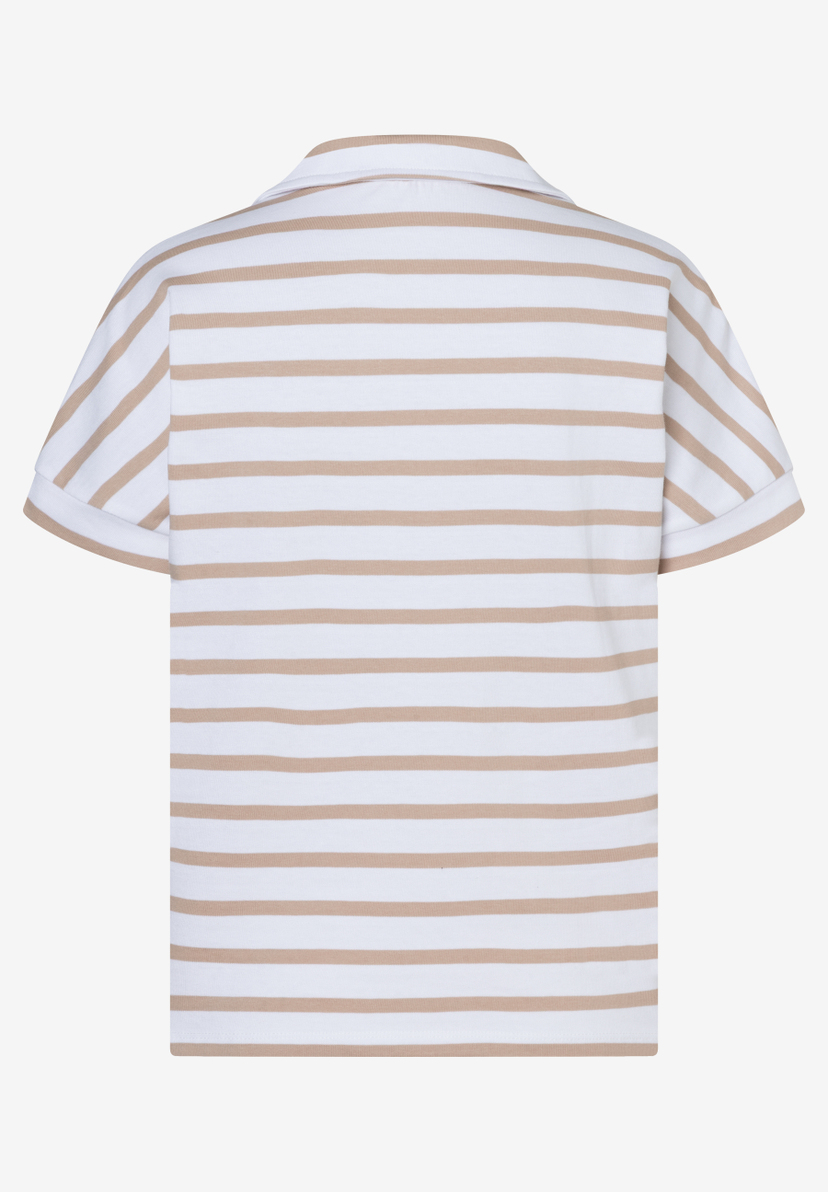 Ein MORE & MORE T-Shirt/Top mit breiten, horizontalen Streifen in Weiß und Beige.