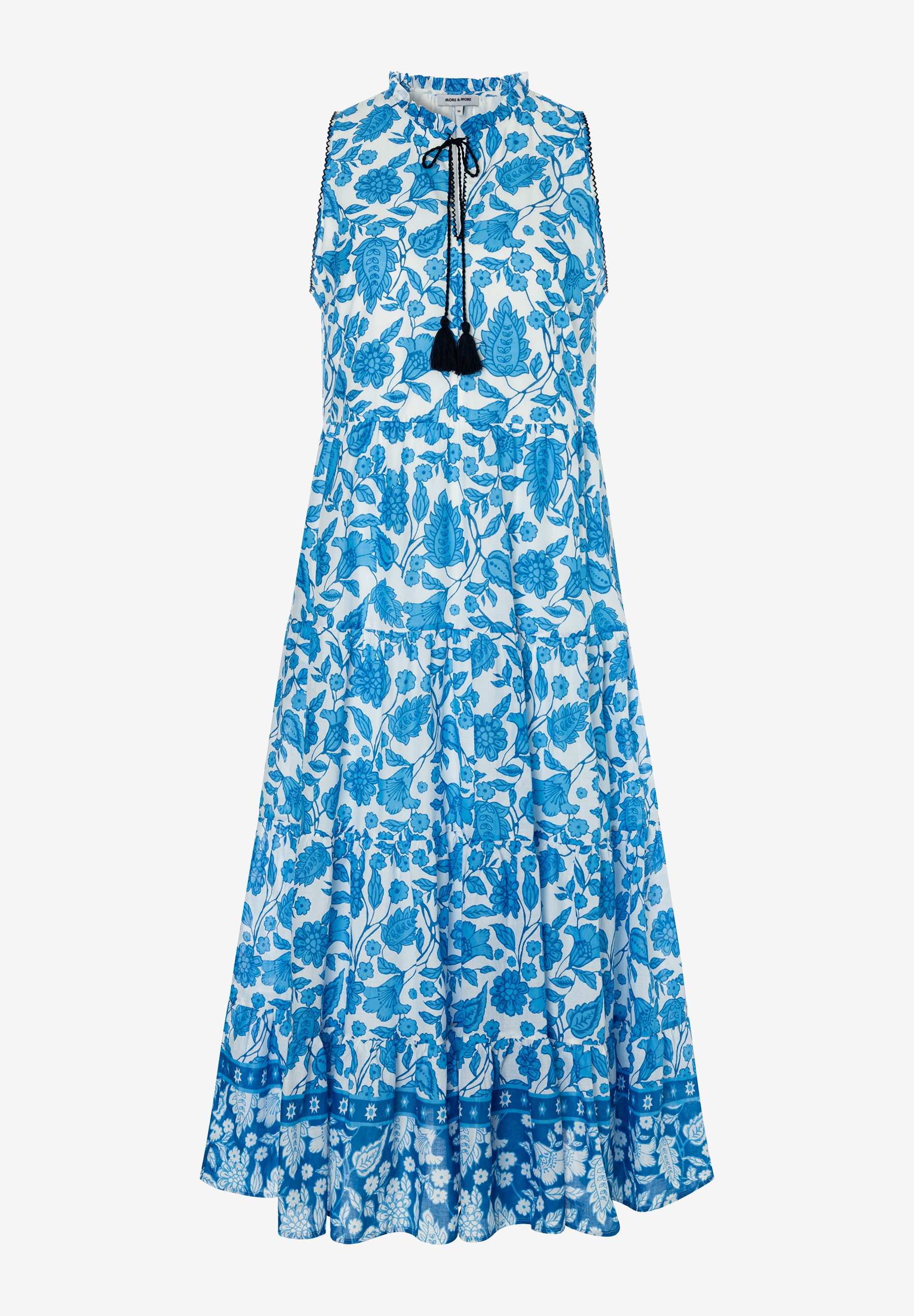 MORE & MORE Maxikleid aus Webware mit floralem Muster in Blau-Weiß, Rüschenkragen und Quastenbändern. Angenehmer Tragekomfort. MORE & MORE Maxikleid aus Webware mit floralem Muster in Blau-Weiß, Rüschenkragen und Quastenbändern. Angenehmer Tragekomfort.