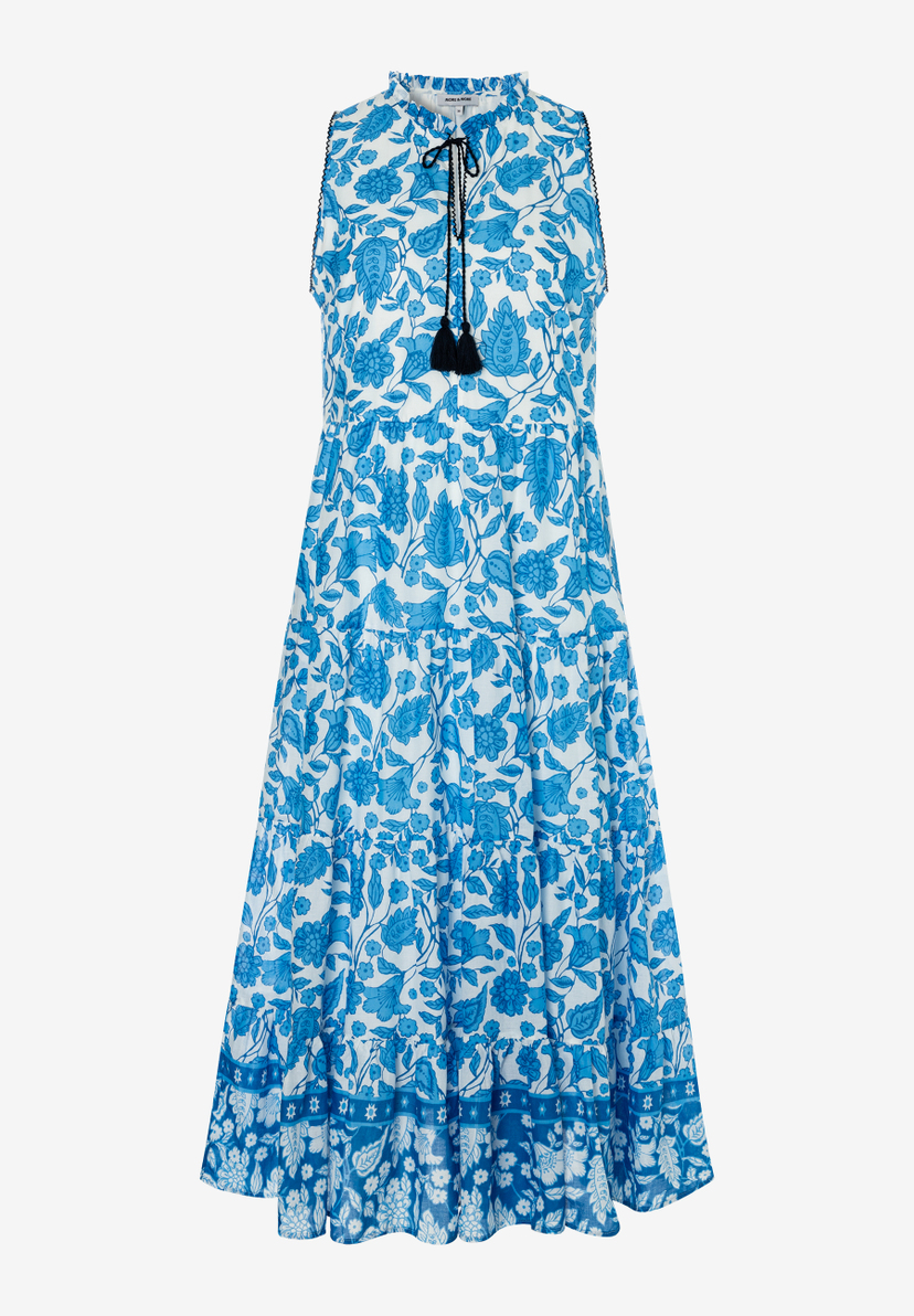 MORE & MORE Maxikleid aus Webware mit floralem Muster in Blau-Weiß, Rüschenkragen und Quastenbändern. Angenehmer Tragekomfort. MORE & MORE Maxikleid aus Webware mit floralem Muster in Blau-Weiß, Rüschenkragen und Quastenbändern. Angenehmer Tragekomfort.