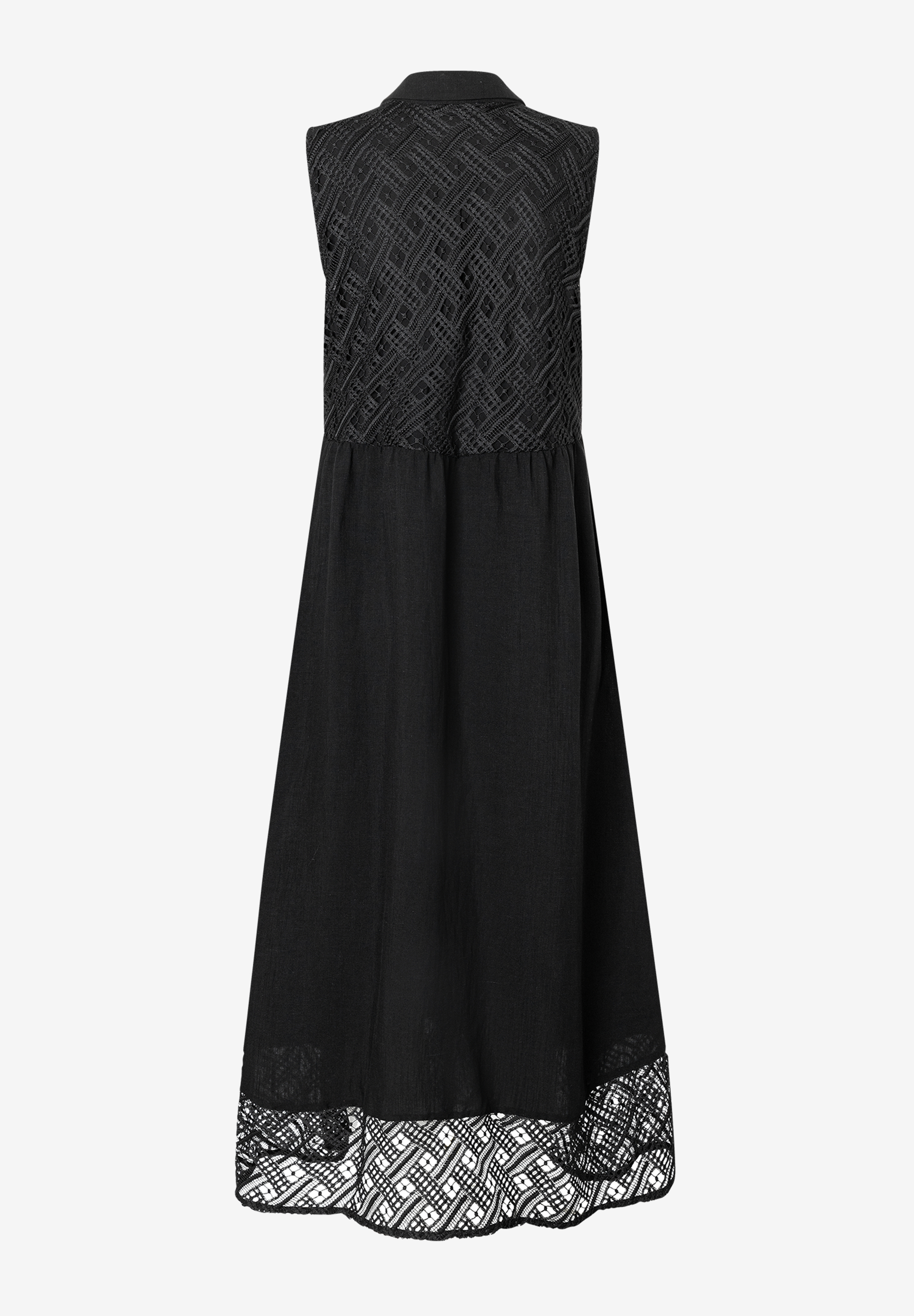 Ein ärmelloses, schwarzes Kleid von MORE & MORE mit Spitze und Viskose-Mischung. Ein ärmelloses, schwarzes Kleid von MORE & MORE mit Spitze und Viskose-Mischung.