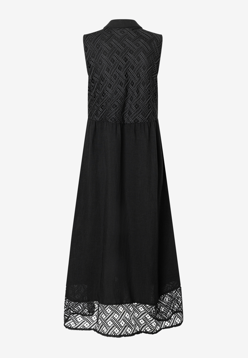 Ein ärmelloses, schwarzes Kleid von MORE & MORE mit Spitze und Viskose-Mischung. Ein ärmelloses, schwarzes Kleid von MORE & MORE mit Spitze und Viskose-Mischung.