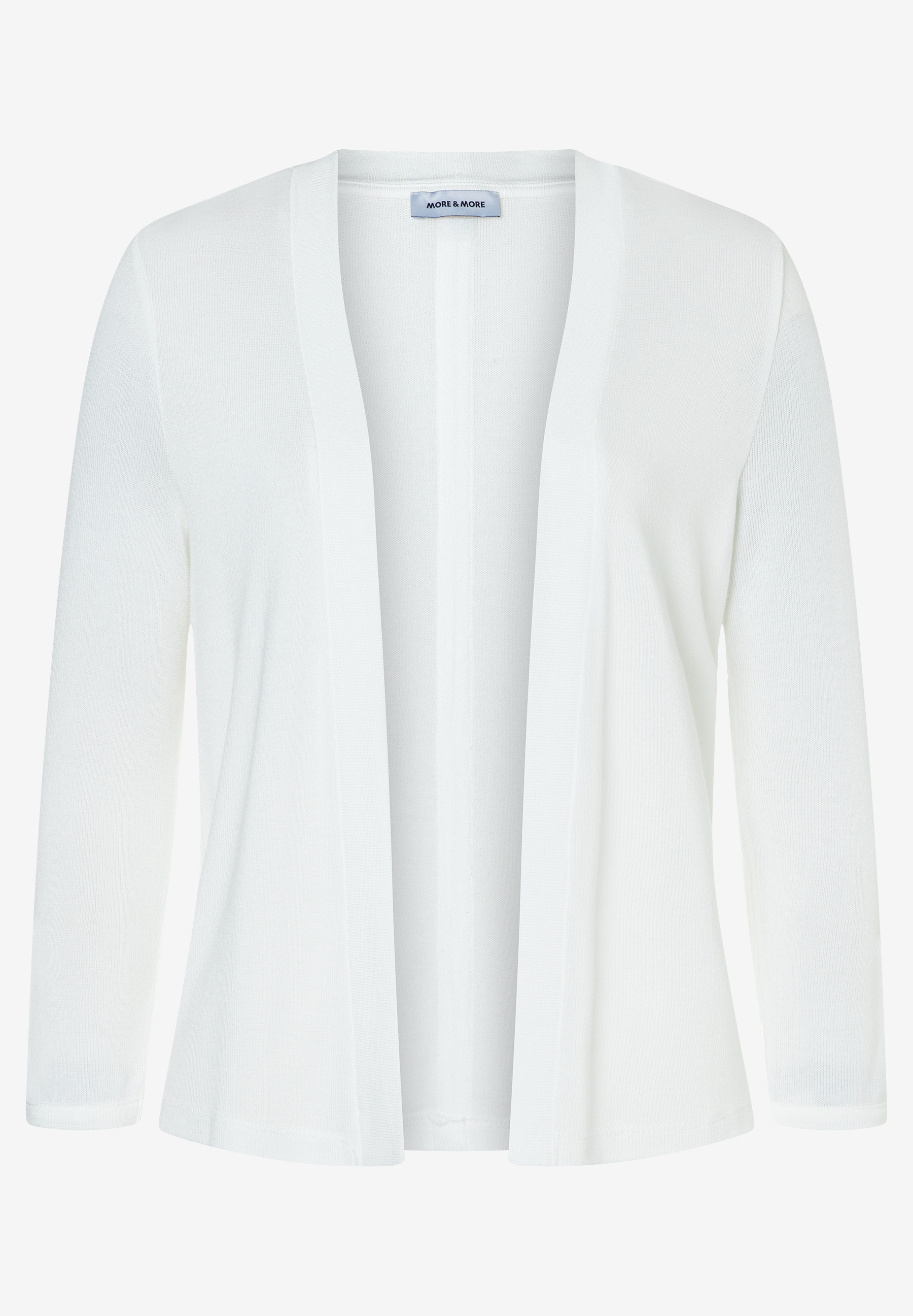 Ein weißer MORE & MORE Cardigan mit langen Ärmeln auf weißem Hintergrund.
