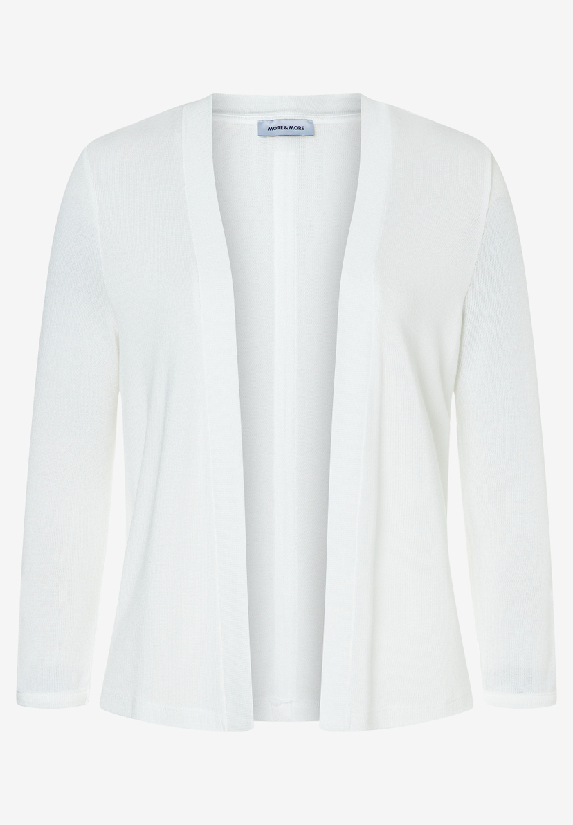 Ein weißer MORE & MORE Cardigan mit langen Ärmeln auf weißem Hintergrund. Ein weißer MORE & MORE Cardigan mit langen Ärmeln auf weißem Hintergrund.