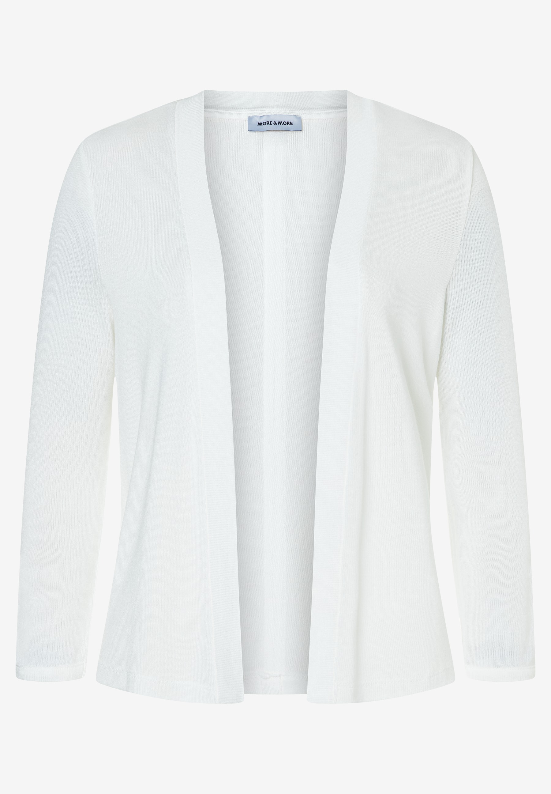 Ein weißer MORE & MORE Cardigan mit langen Ärmeln auf weißem Hintergrund.