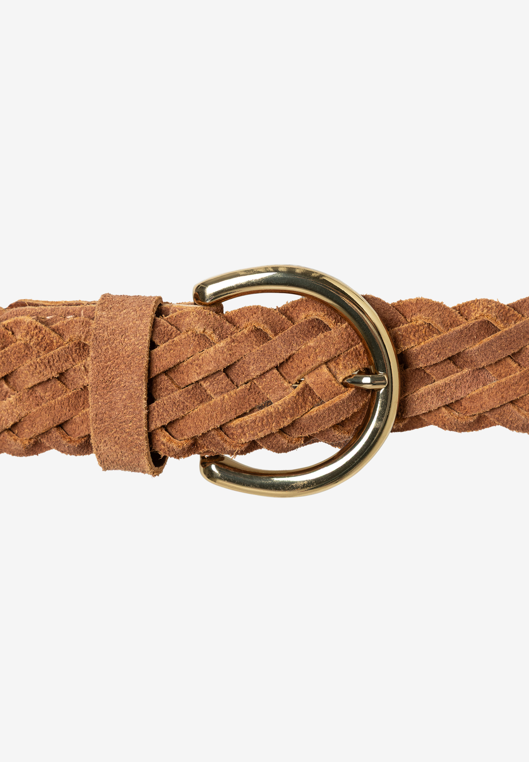 MORE & MORE Accessoire: Brauner geflochtener Ledergürtel mit goldener D-Ringschnalle auf weißem Hintergrund. MORE & MORE Accessoire: Brauner geflochtener Ledergürtel mit goldener D-Ringschnalle auf weißem Hintergrund.