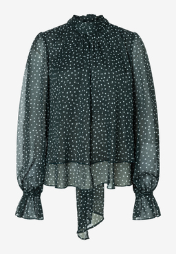 MORE & MORE Chiffon-Bluse in Dunkelgrün mit weißen Punkten, langen Ärmeln mit Rüschenmanschetten und Bindekragen.