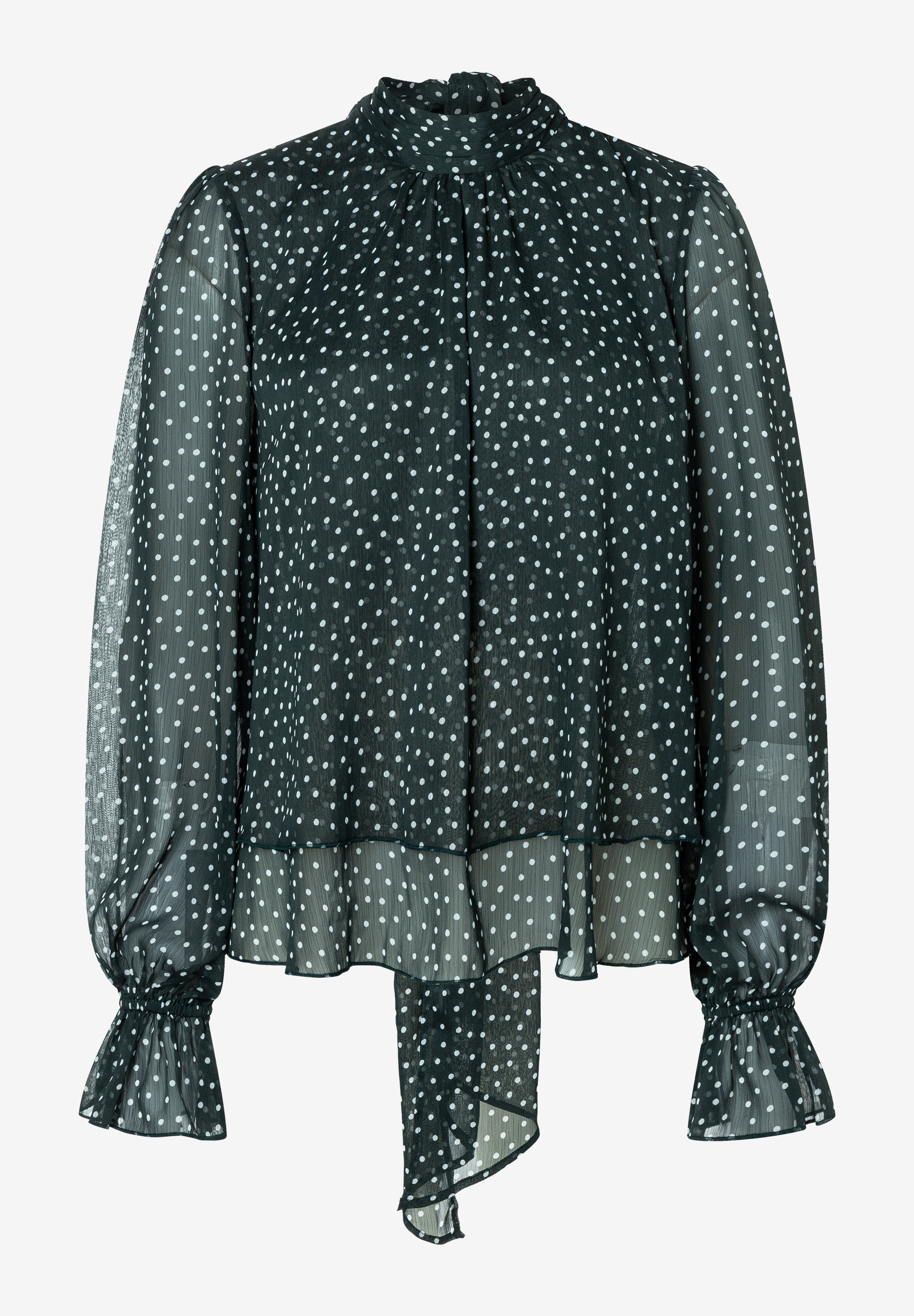 MORE & MORE Bluse: Eine dunkelgrüne Chiffonbluse mit weißen Punkten. Sie hat einen Stehkragen mit Schleife und gerafften Ärmelabschlüssen. MORE & MORE Bluse: Eine dunkelgrüne Chiffonbluse mit weißen Punkten. Sie hat einen Stehkragen mit Schleife und gerafften Ärmelabschlüssen.