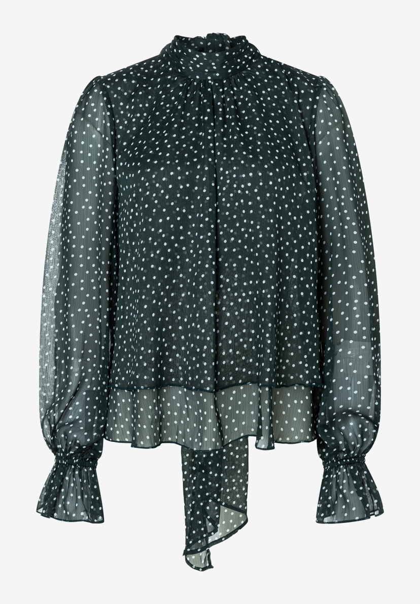 MORE & MORE Bluse: Eine dunkelgrüne Chiffonbluse mit weißen Punkten. Sie hat einen Stehkragen mit Schleife und gerafften Ärmelabschlüssen. MORE & MORE Bluse: Eine dunkelgrüne Chiffonbluse mit weißen Punkten. Sie hat einen Stehkragen mit Schleife und gerafften Ärmelabschlüssen.