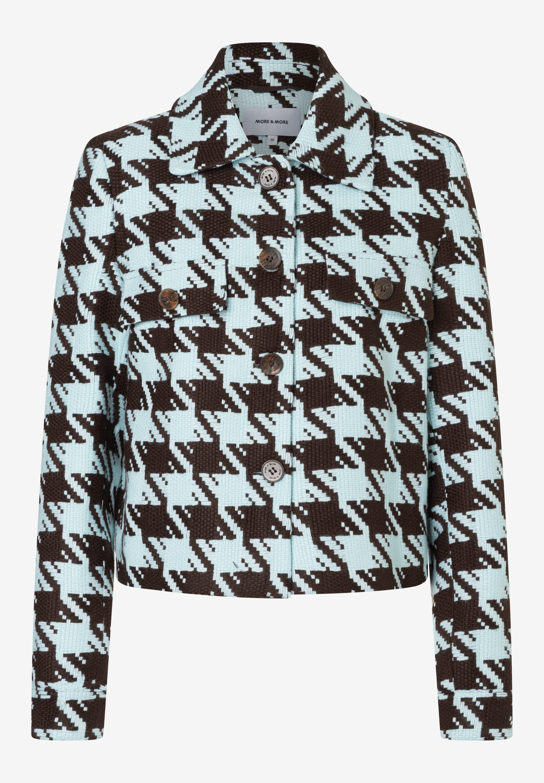 Ein MORE & MORE Blazer mit Hahnentrittmuster in Braun und Hellblau, Webware mit Knöpfen. Ein MORE & MORE Blazer mit Hahnentrittmuster in Braun und Hellblau, Webware mit Knöpfen.
