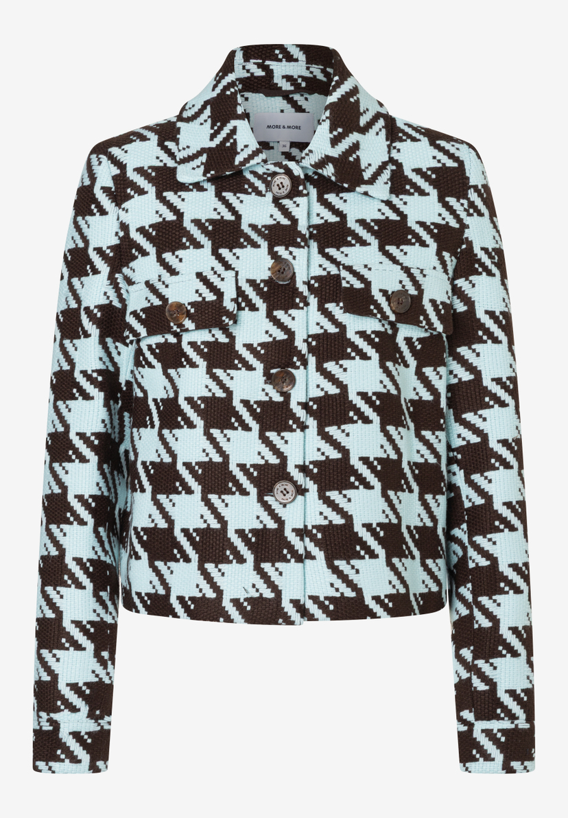 Ein MORE & MORE Blazer mit Hahnentrittmuster in Braun und Hellblau, Webware mit Knöpfen. Ein MORE & MORE Blazer mit Hahnentrittmuster in Braun und Hellblau, Webware mit Knöpfen.