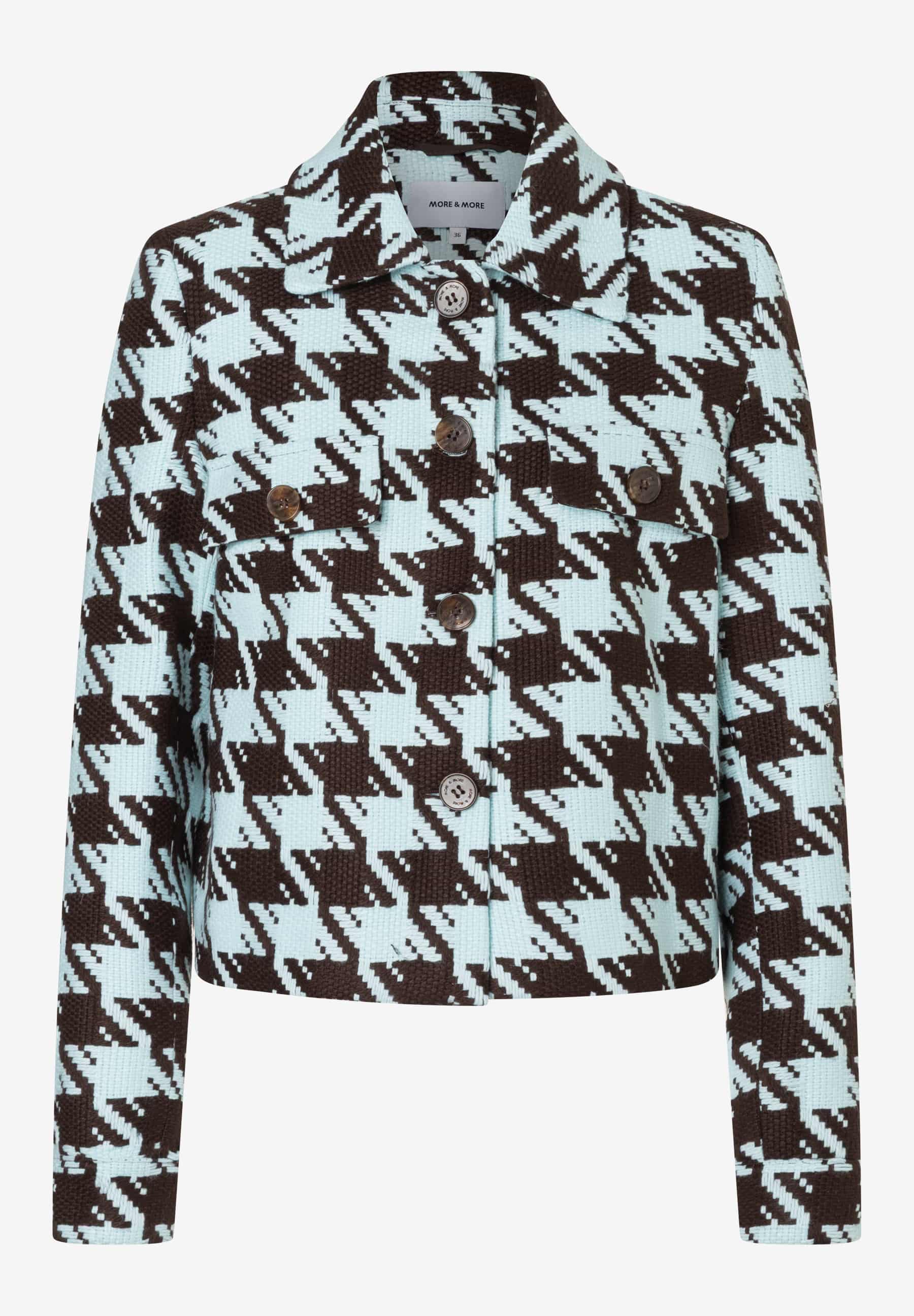 Ein MORE & MORE Blazer mit Hahnentrittmuster in Braun und Hellblau, Webware mit Knöpfen.