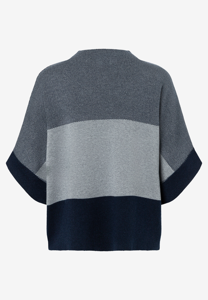 MORE & MORE Pullover, hinten, marineblau/grau gestreift, kastiger Schnitt, kurze Ärmel, hoher Halsausschnitt, gerader Saum. MORE & MORE Pullover, hinten, marineblau/grau gestreift, kastiger Schnitt, kurze Ärmel, hoher Halsausschnitt, gerader Saum.