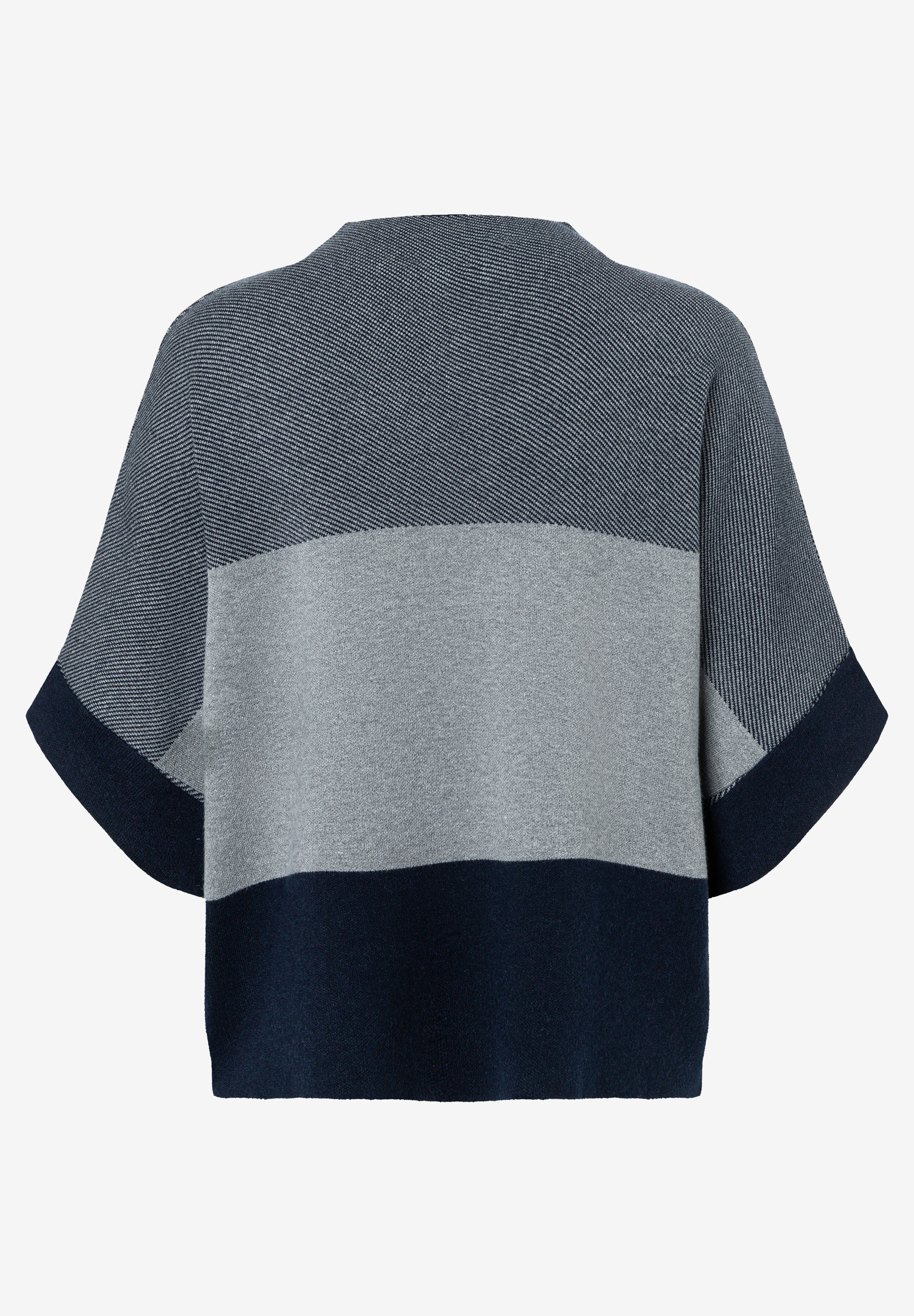 MORE & MORE Pullover, hinten, marineblau/grau gestreift, kastiger Schnitt, kurze Ärmel, hoher Halsausschnitt, gerader Saum. MORE & MORE Pullover, hinten, marineblau/grau gestreift, kastiger Schnitt, kurze Ärmel, hoher Halsausschnitt, gerader Saum.