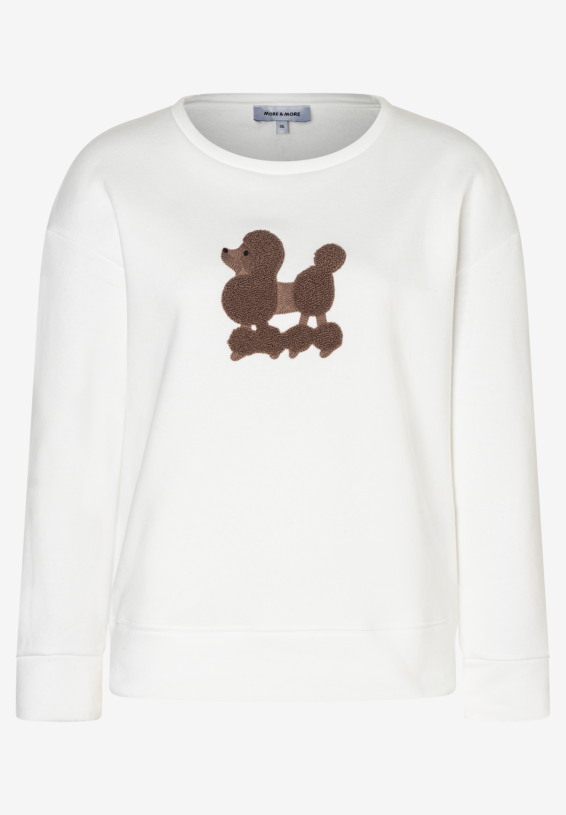 Ein weißes MORE & MORE Sweatshirt mit einem braunen Pudel-Motiv. Ein weißes MORE & MORE Sweatshirt mit einem braunen Pudel-Motiv.