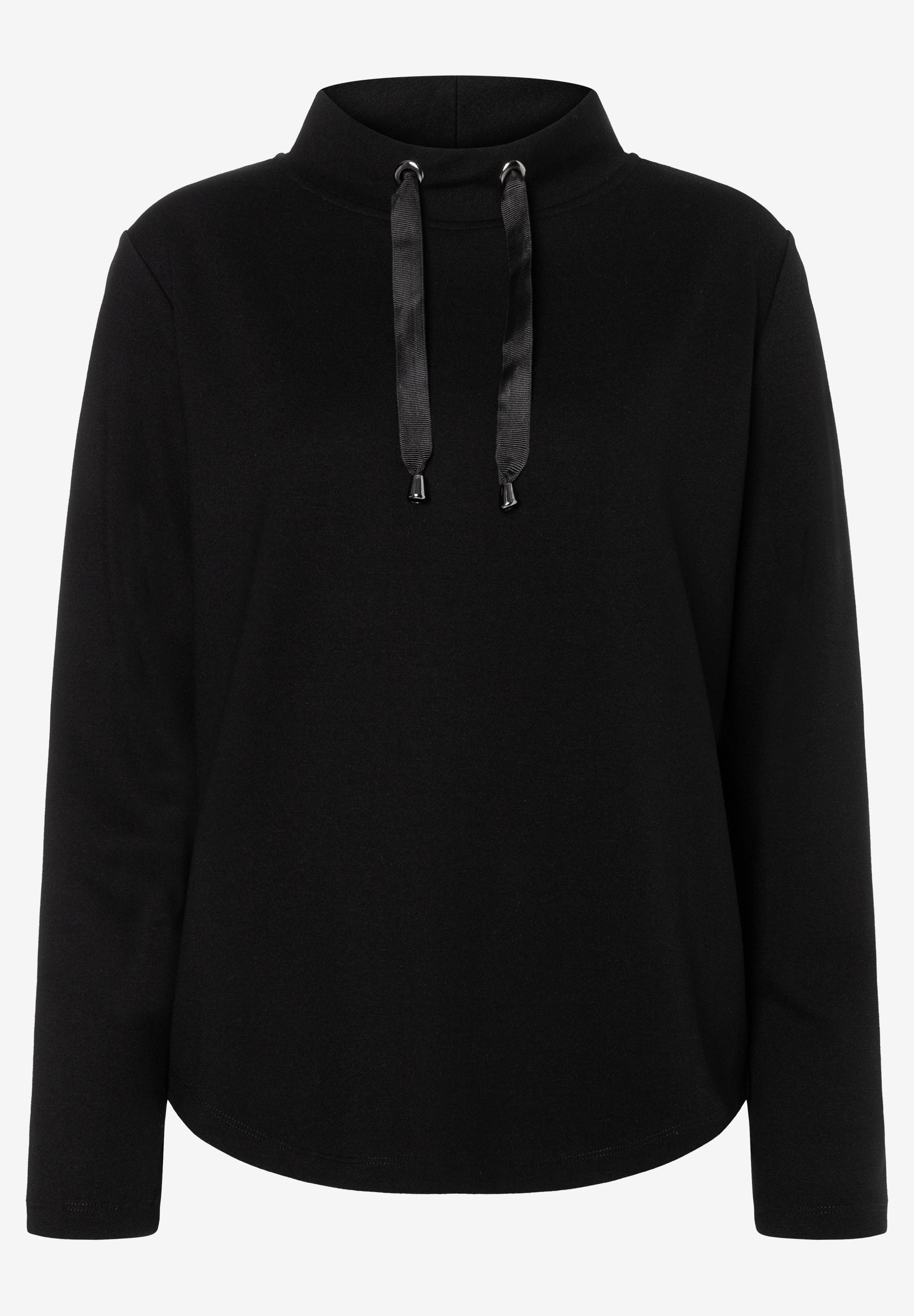 MORE & MORE schwarzes Sweatshirt mit Stehkragen und Kordelzug, auf weißem Hintergrund. MORE & MORE schwarzes Sweatshirt mit Stehkragen und Kordelzug, auf weißem Hintergrund.