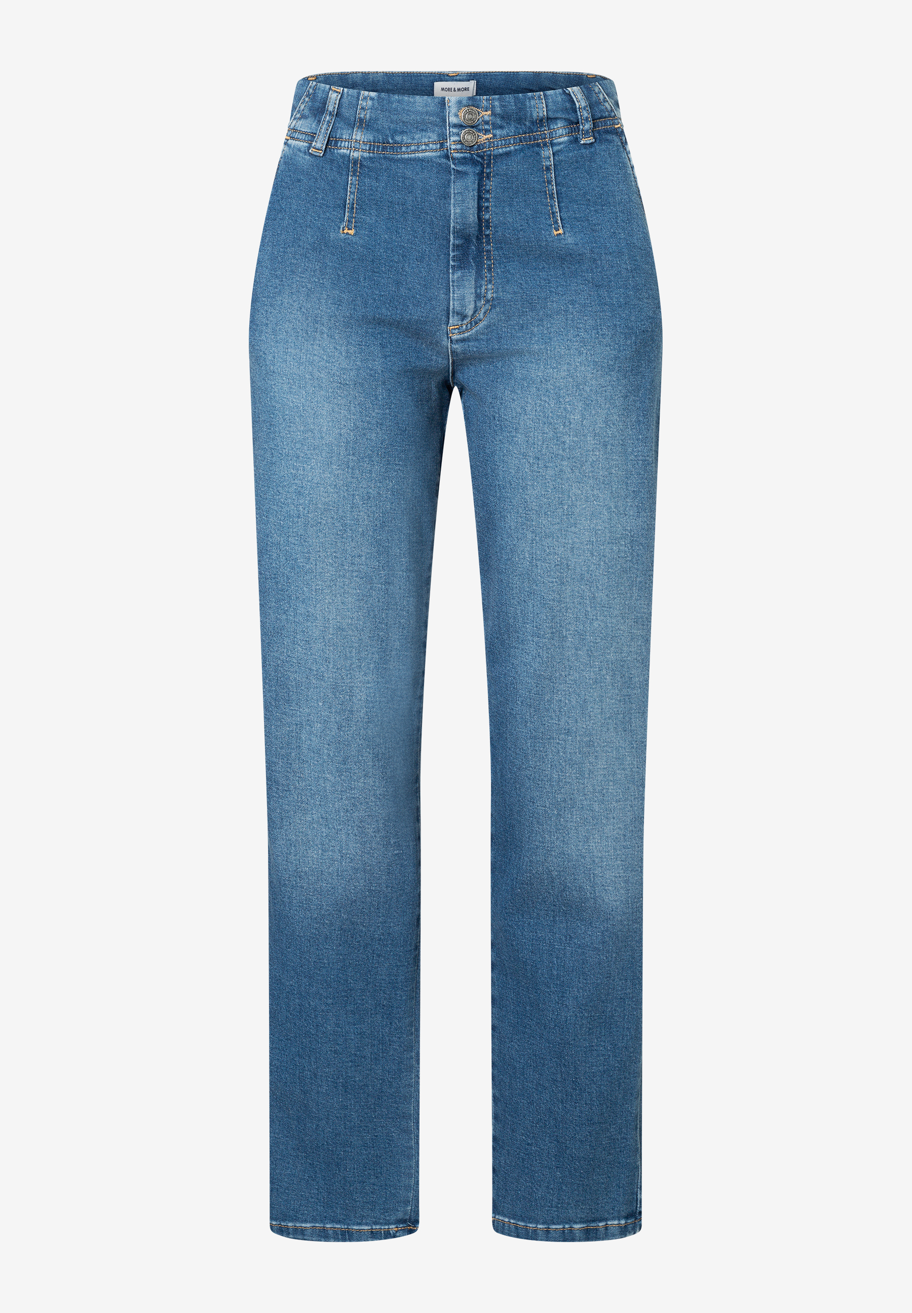 Eine blaue Jeans von MORE & MORE mit geradem Bein auf weißem Hintergrund. Eine blaue Jeans von MORE & MORE mit geradem Bein auf weißem Hintergrund.